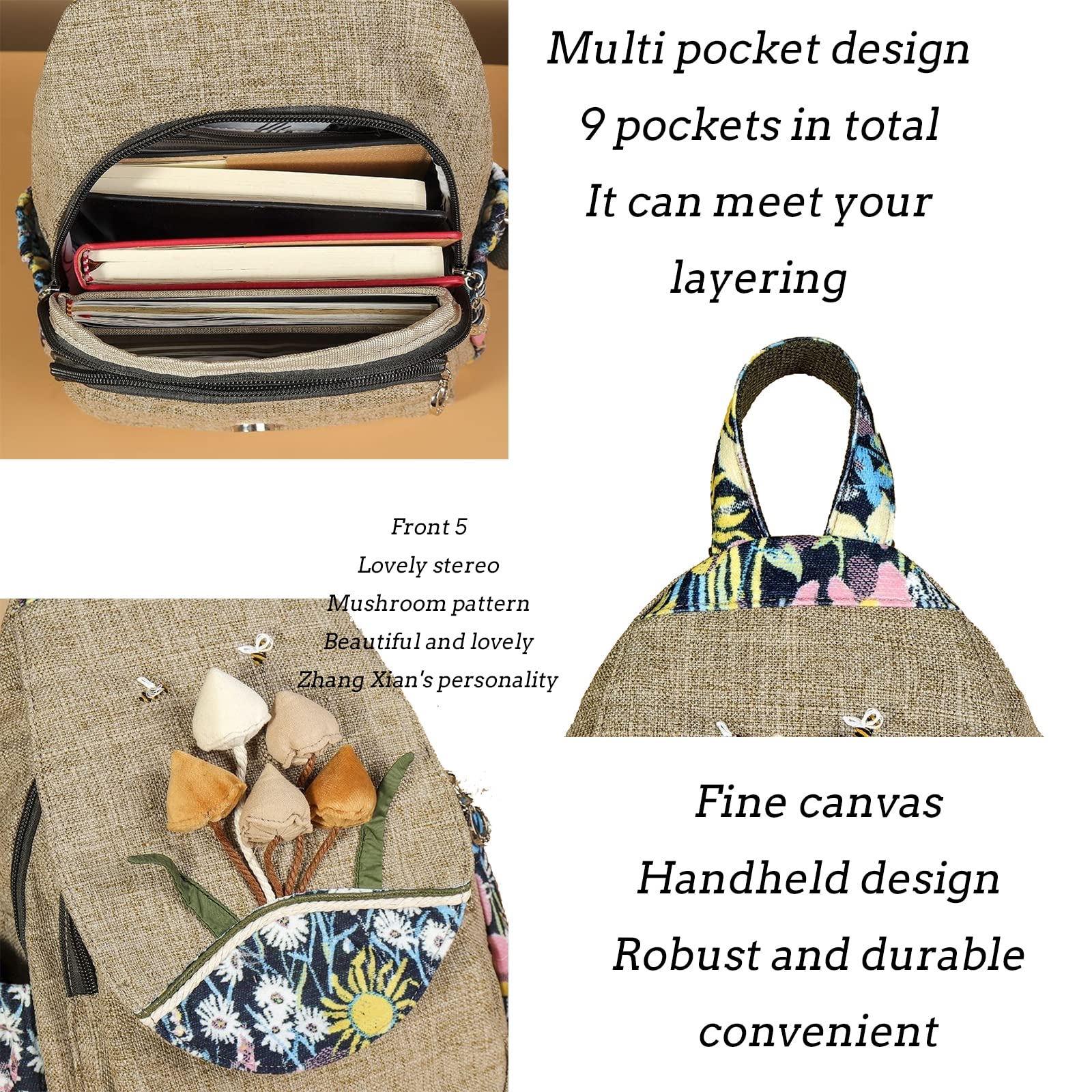 Bolso tipo mochila para mujer, estilo bohemio, convertible, pequeño, con diseño de hongos y tejido, hippie, Marrón oscuro, middle-sized, Mochilas de mochila