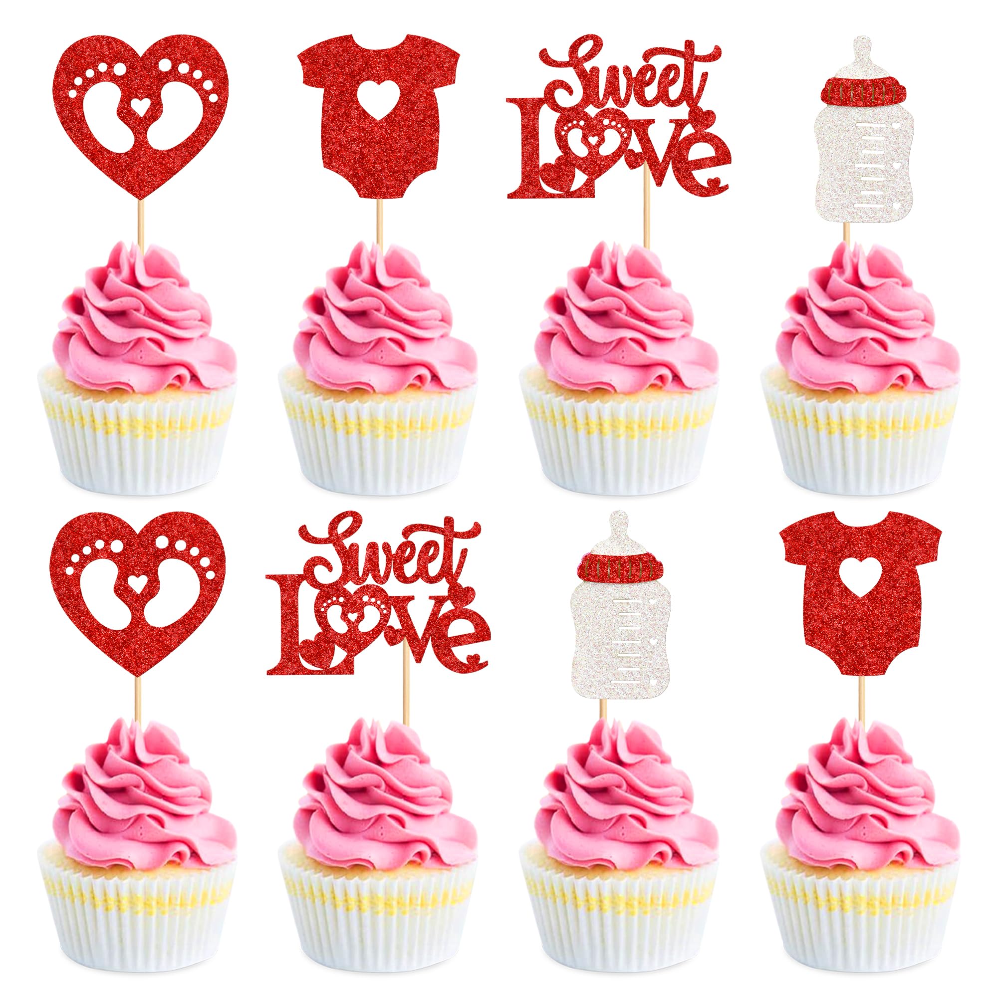 Blumomon 24Pcs Happy Baby Valentine's Day Cupcake Toppers Valentine's Day Cake Decorations for Sweet Love Wedding Engagement Valentine's Day Baby Shower Party Cake Decors