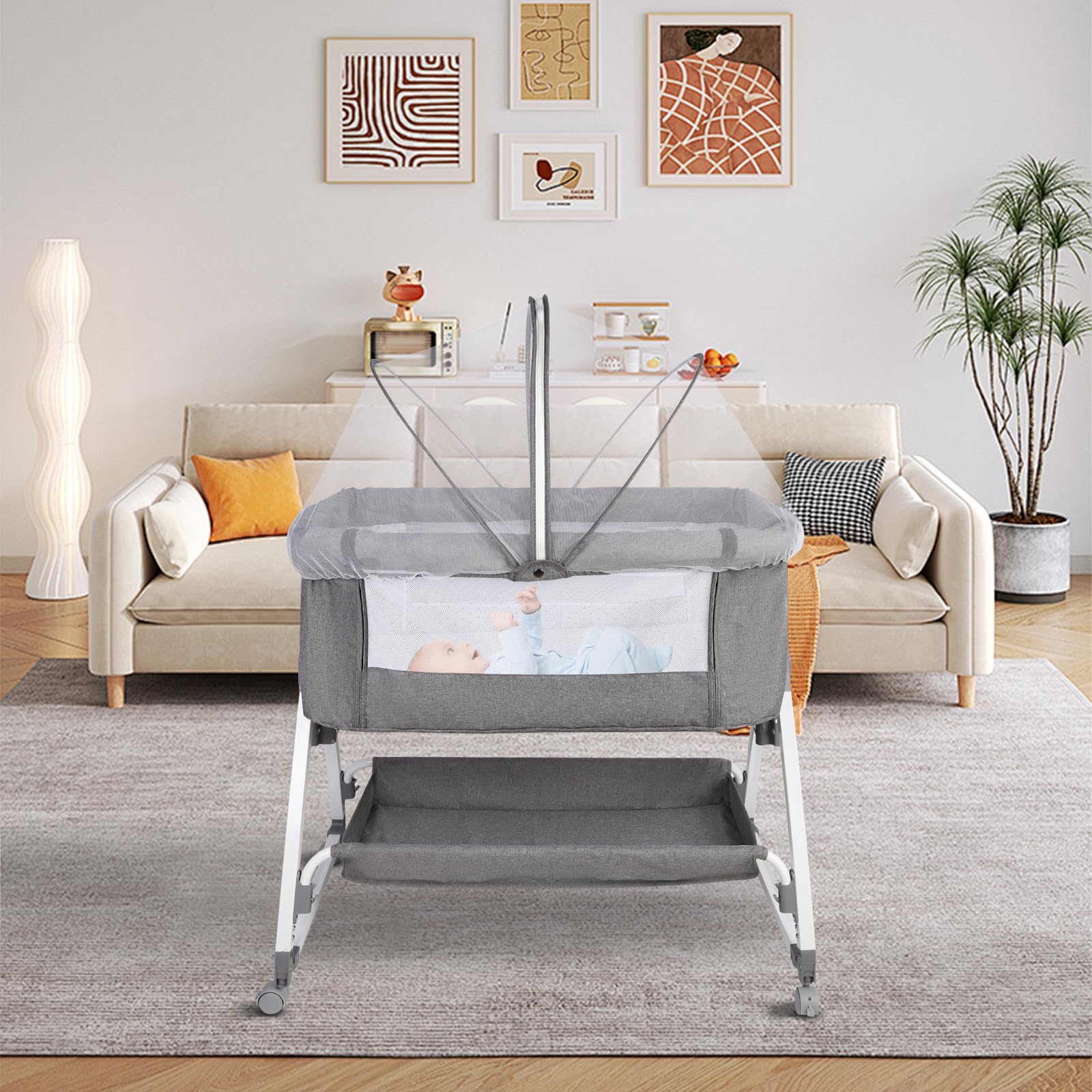 HUOLE Łóżeczko dziecięce 3 w 1 do 30 kg, łóżeczko bujane, regulacja wysokości i nachylenia materaca, 4 kółka z hamulcem, ergonomiczny materac, torba-80 x 40 x 100-115 cm-len