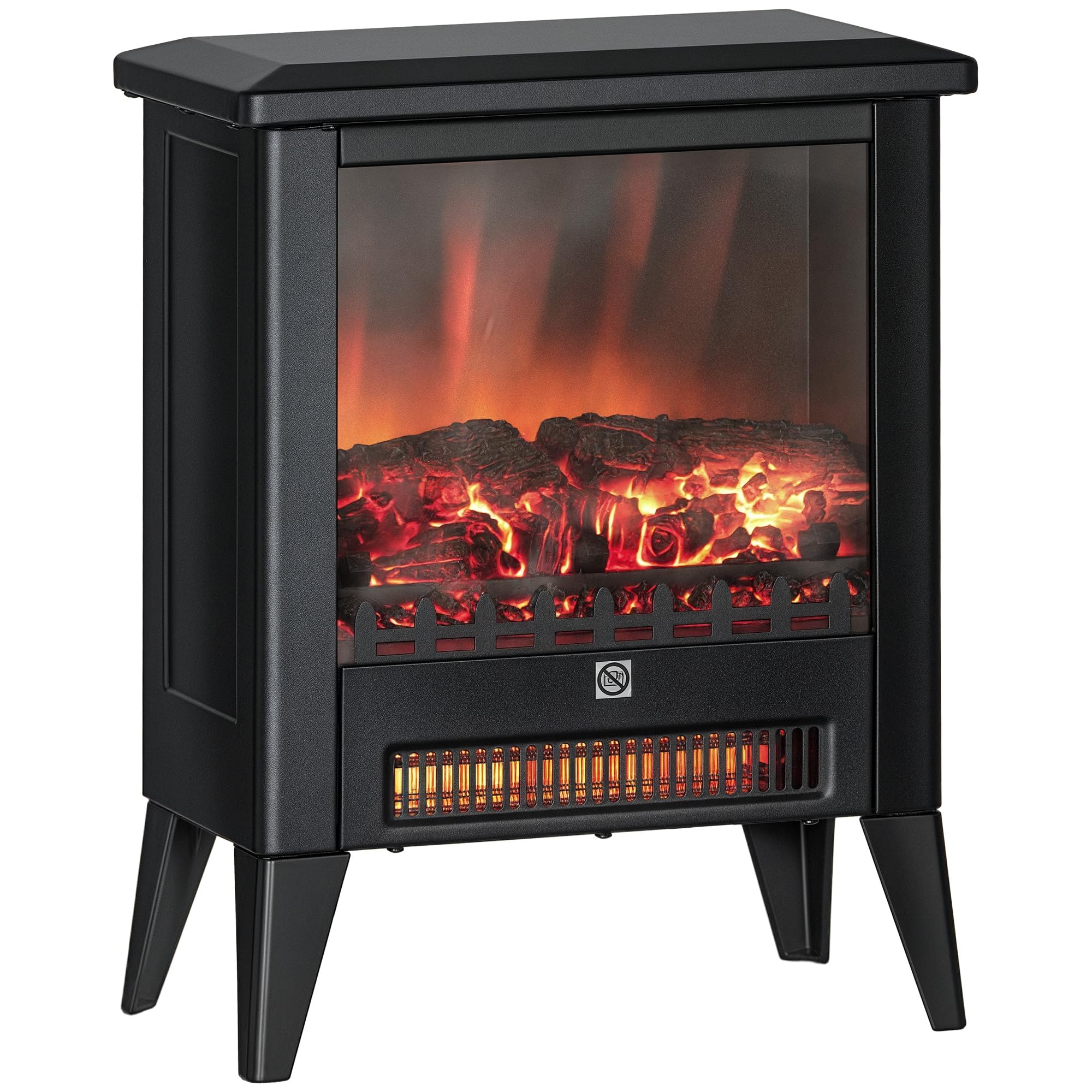HOMCOM Camino Elettrico da Terra con Effetto Fiamma 3D a 3 Intensità, 1800W Caminetto Elettrico con Spegnimento Automatico, Termostato, Risacaldamento Regolabile per Soggiorno, 30㎡, Nero