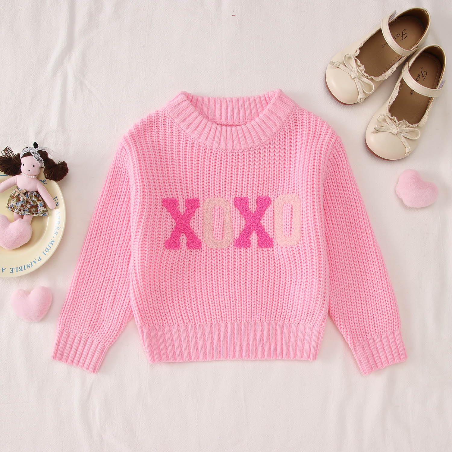 Toddler Girl Valentines Sweater XOXO Chenille Patch Knit Sweater Chunky Long Sleeve Pullover Fall Winter Tops(Pink,6T(120))