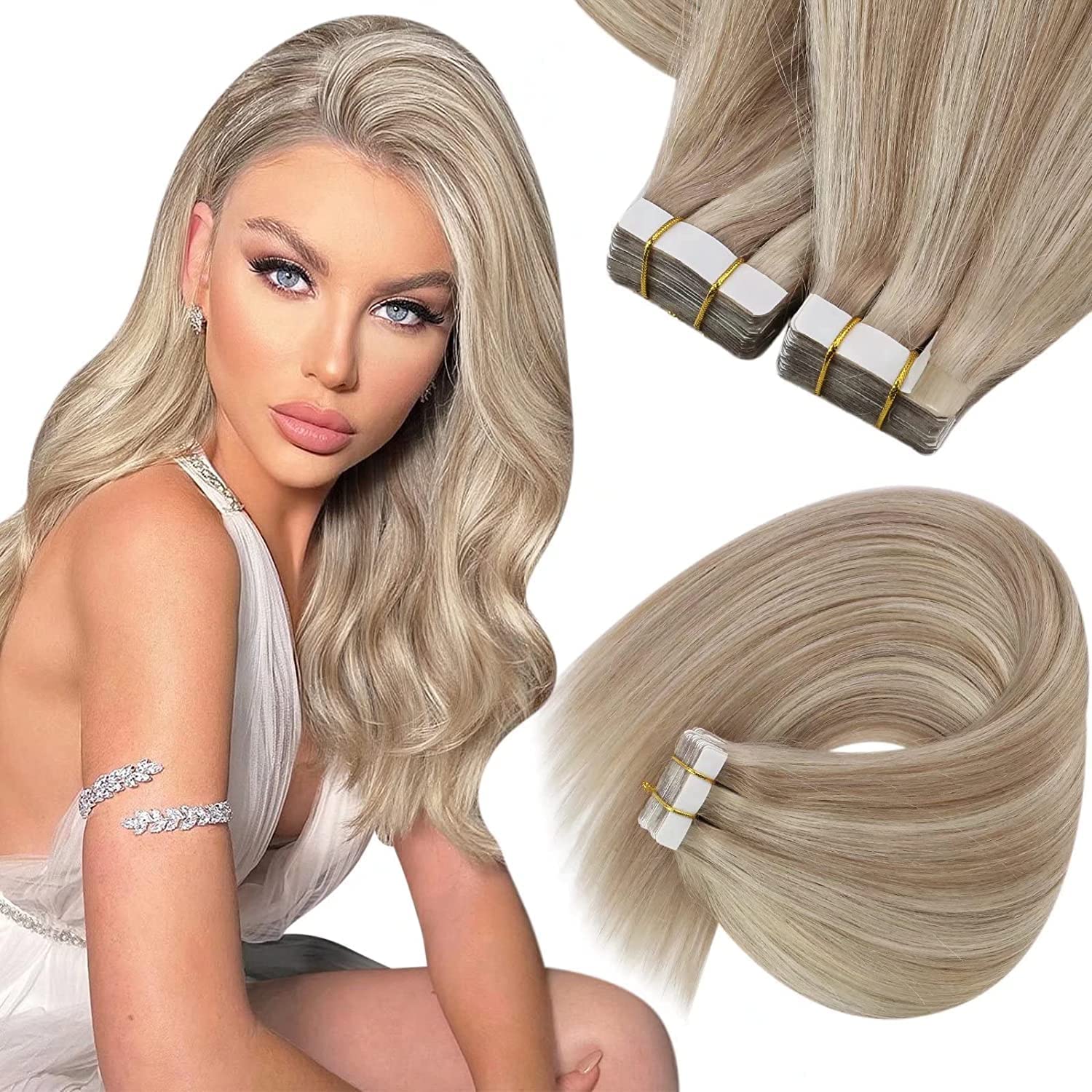 ✨ 18”?3 PACKS #18/613 BLONDE HUMAN HAIR TAPE INS Amazon.com : Tape in Extensions Human Hair #613 Bleach  main image 4