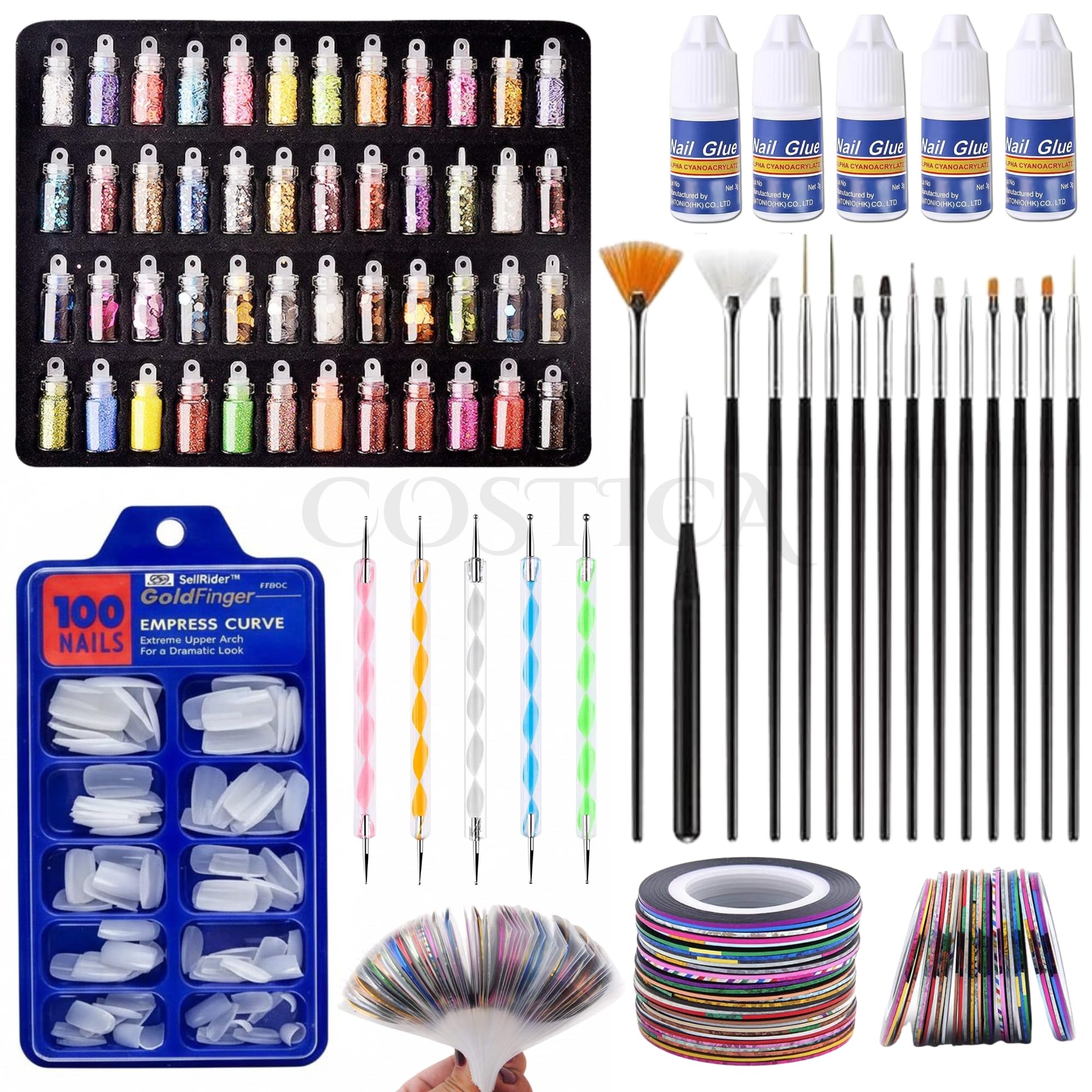 Nail Art Kit, 48 Pcs Glass Bottles Glitter Stones, 100 Nails, 10 Nail Tapes, 15 Nail Art Brush, 5 Nail Dotting Pen with 5 Glue {IGRIS KIT}