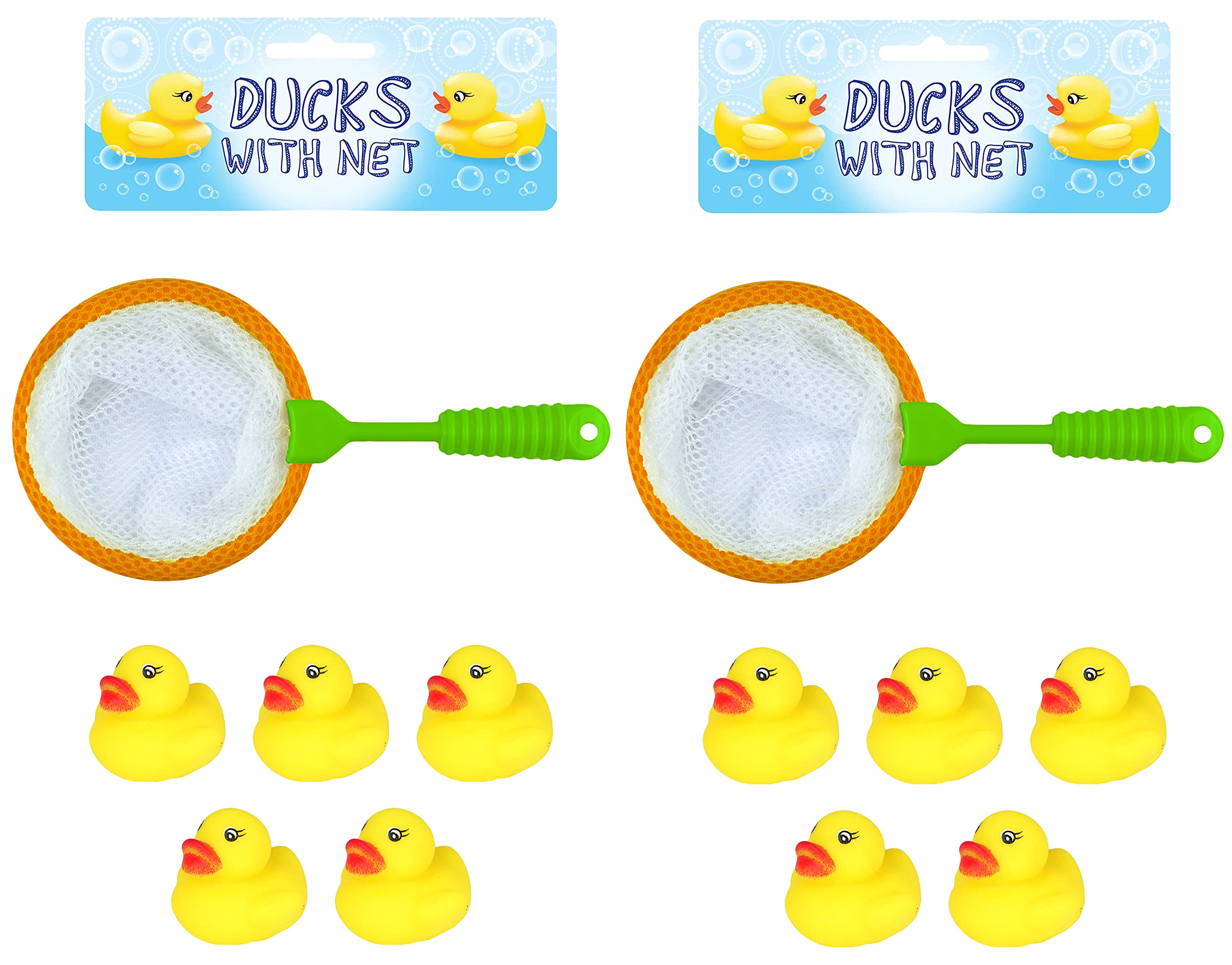 Two Sets of 5 Mini Yellow Rubber Ducks with Fishing Net, Baby Toddler Bath Toy, Great for Paddling Pool Games and Bathtub Play (Two Packs)