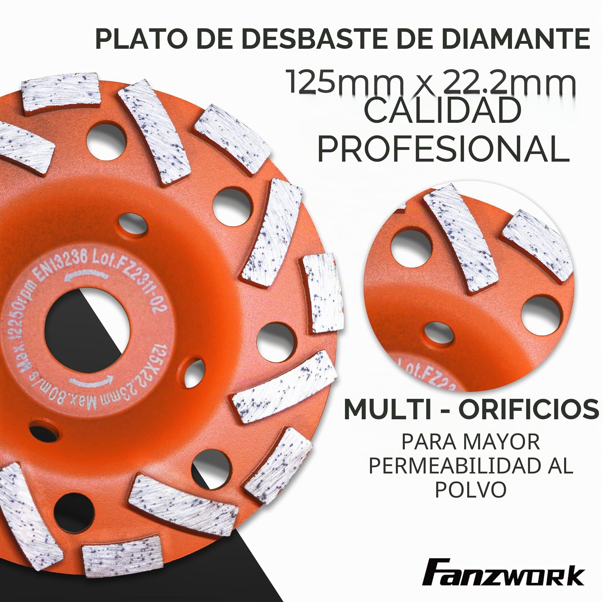 FANZWORK cubierta de aspiración para amoladora angular incl. disco de diamante de 125 mm, Cepillos intercambiables, Compatible en un 99% de forma universal, Anillo adaptador reforzado, Adaptador M14
