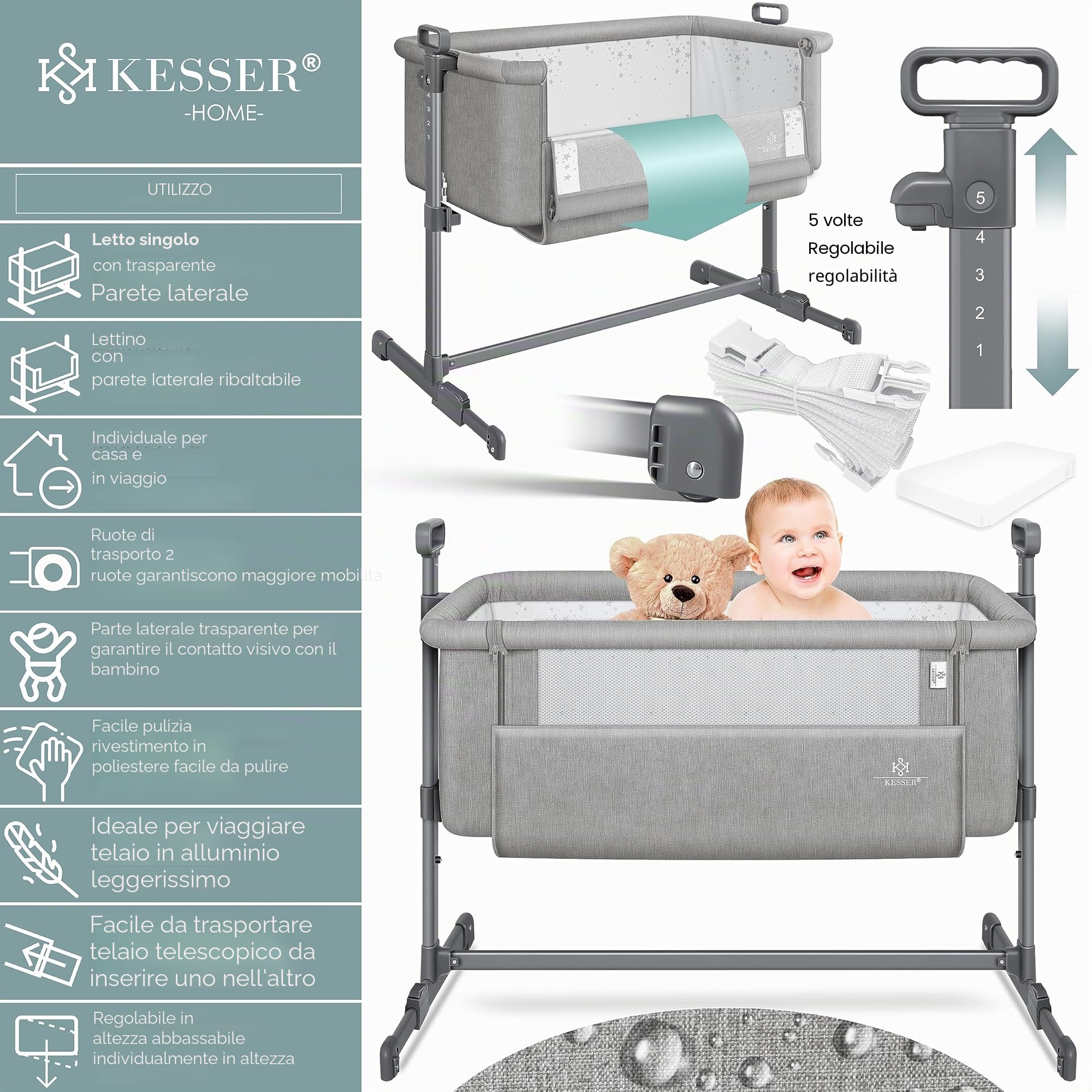 KESSER® Hubi 3in1 Culla da viaggio Culla per bambini con materasso morbido, con rotelle, 5 regolazioni in altezza, pannello laterale pieghevole per la casa e in viaggio, grigio chiaro