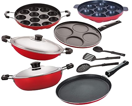 NIRLON Non-Stick, PFOA Free Kitchenware Utensils Combo Offer with Stainless Steel Lid Cookware Set -9 Pcs [2.6mm_FT13_DKDM_AP7_AP12_AC_UP4_3SPN]