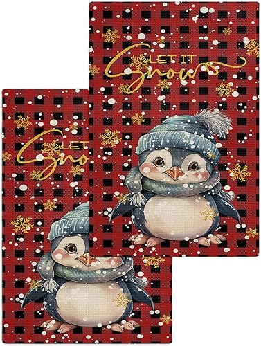 Juego de 2 toallas de cocina de tejido de punto gofre de algodón, diseño de pingüinos de Feliz Navidad, 16 x 24 pulgadas, absorbentes, de secado