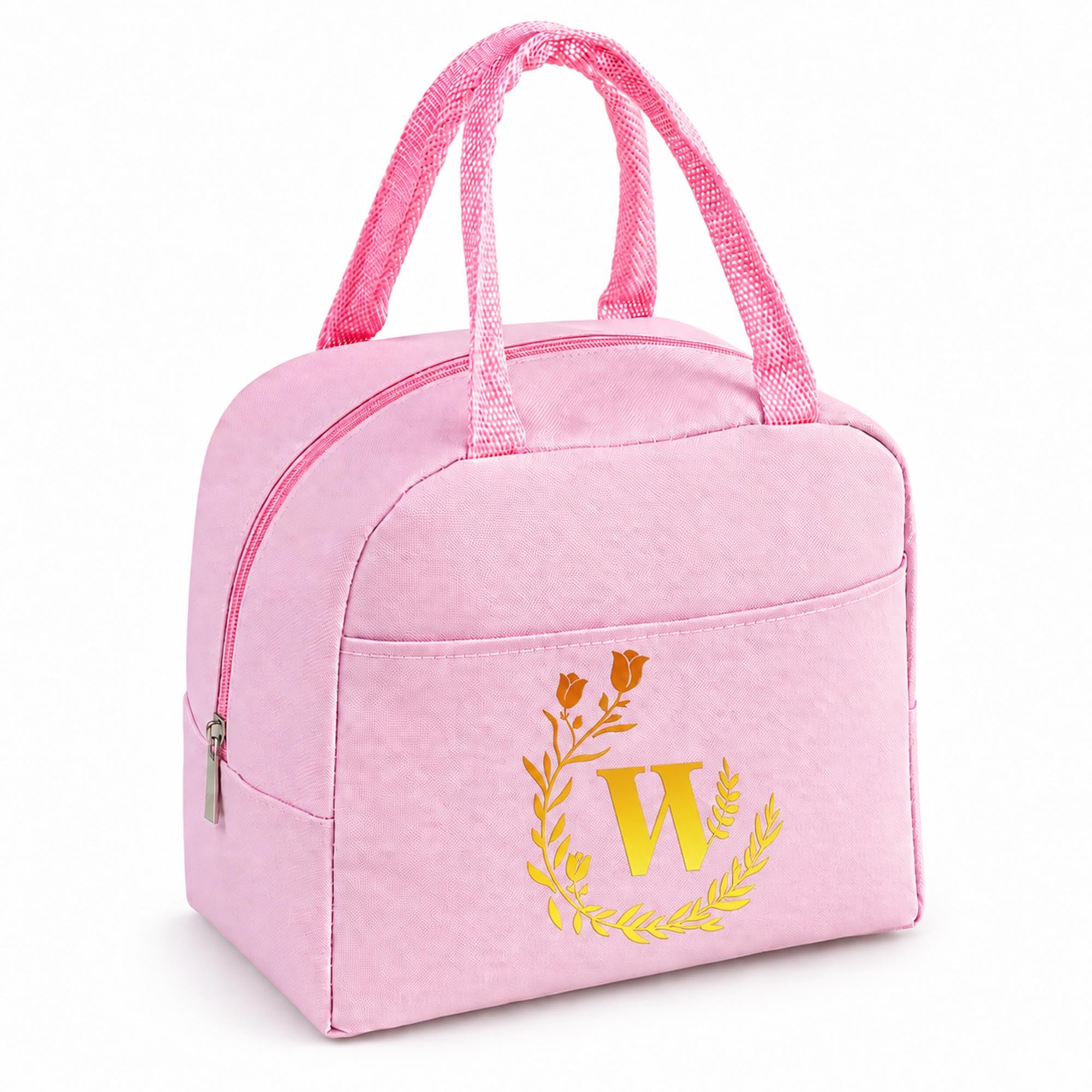 Personalized Pink Initial Letters Insulated Lunch Bag for Women Men Kids -W