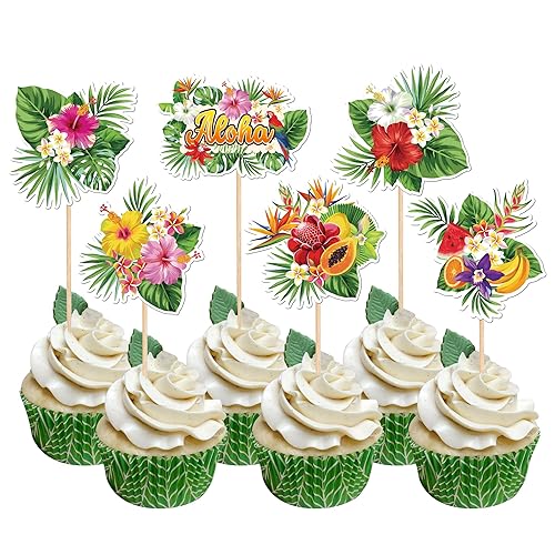 30 adornos tropicales para cupcakes de verano, plantas hawaianas, flores, frutas, cupcakes, hojas de palmera Luau, decoraciones para cupcakes con