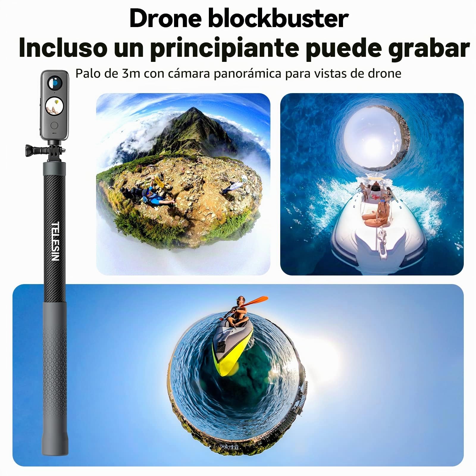 TELESIN 118 pulgadas/3m de Fibra de Carbono Palo Selfie para GoPro Hero 13 12 11 10 9 8 Insta360 X5 X4 X3, dji Osmo 360 Action 6 5 Pro 4 3