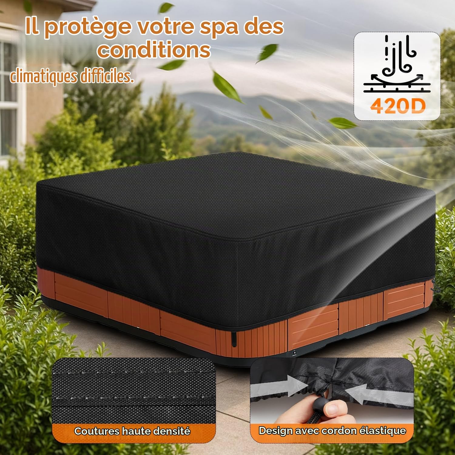 Housse De Protection Spa Couverture,Bache Spa ImperméAble,Tissu Oxford 420D,Bain à Remous Étanche à la poussière et aux UV Coupe Vent - Noir (200 * 200 * 85 cm)