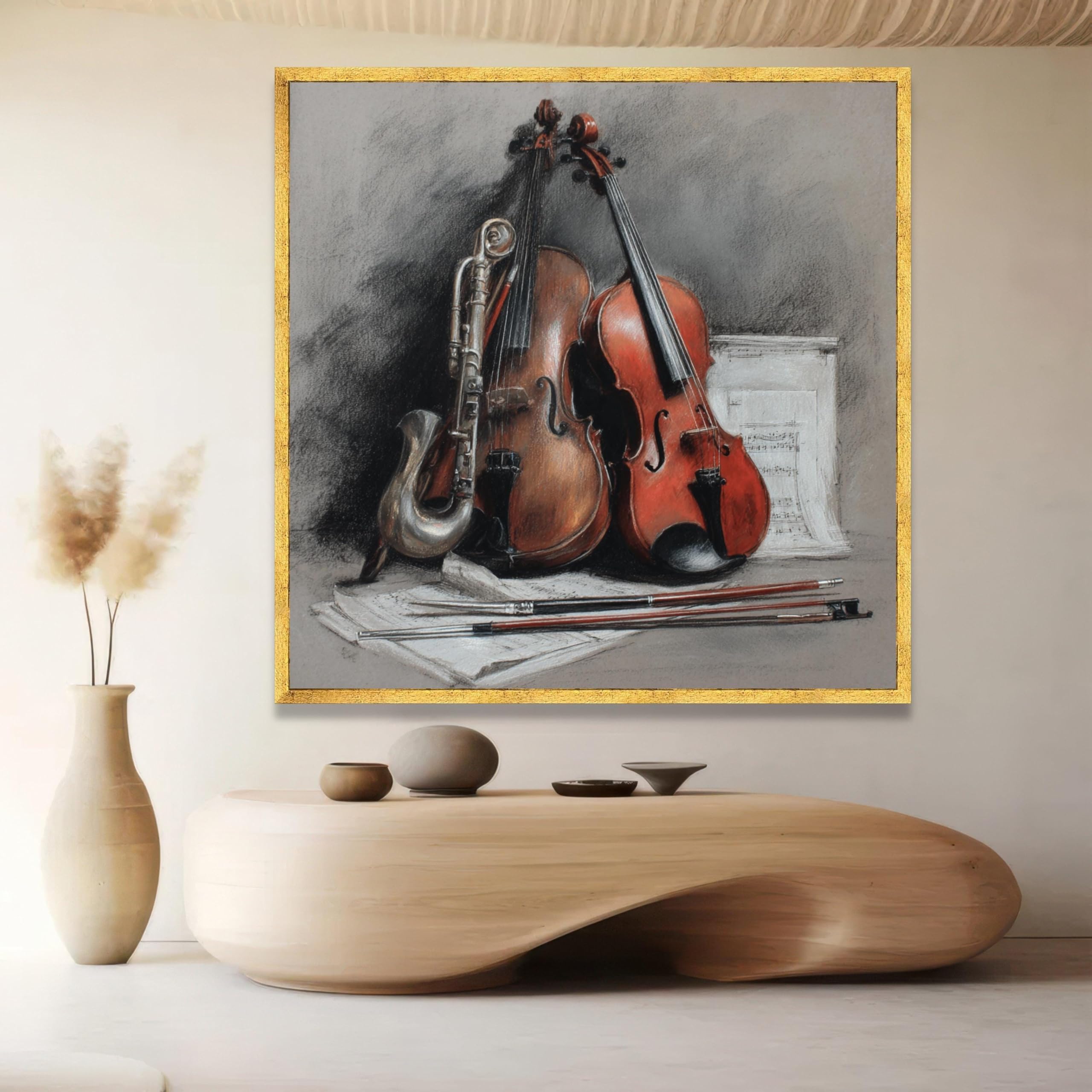 YUSUZHU Quadro su tela con strumenti musicali classici, violino, violoncello, natura morta con sassofono, spartito musicale (60x60 cm/cornice interna)