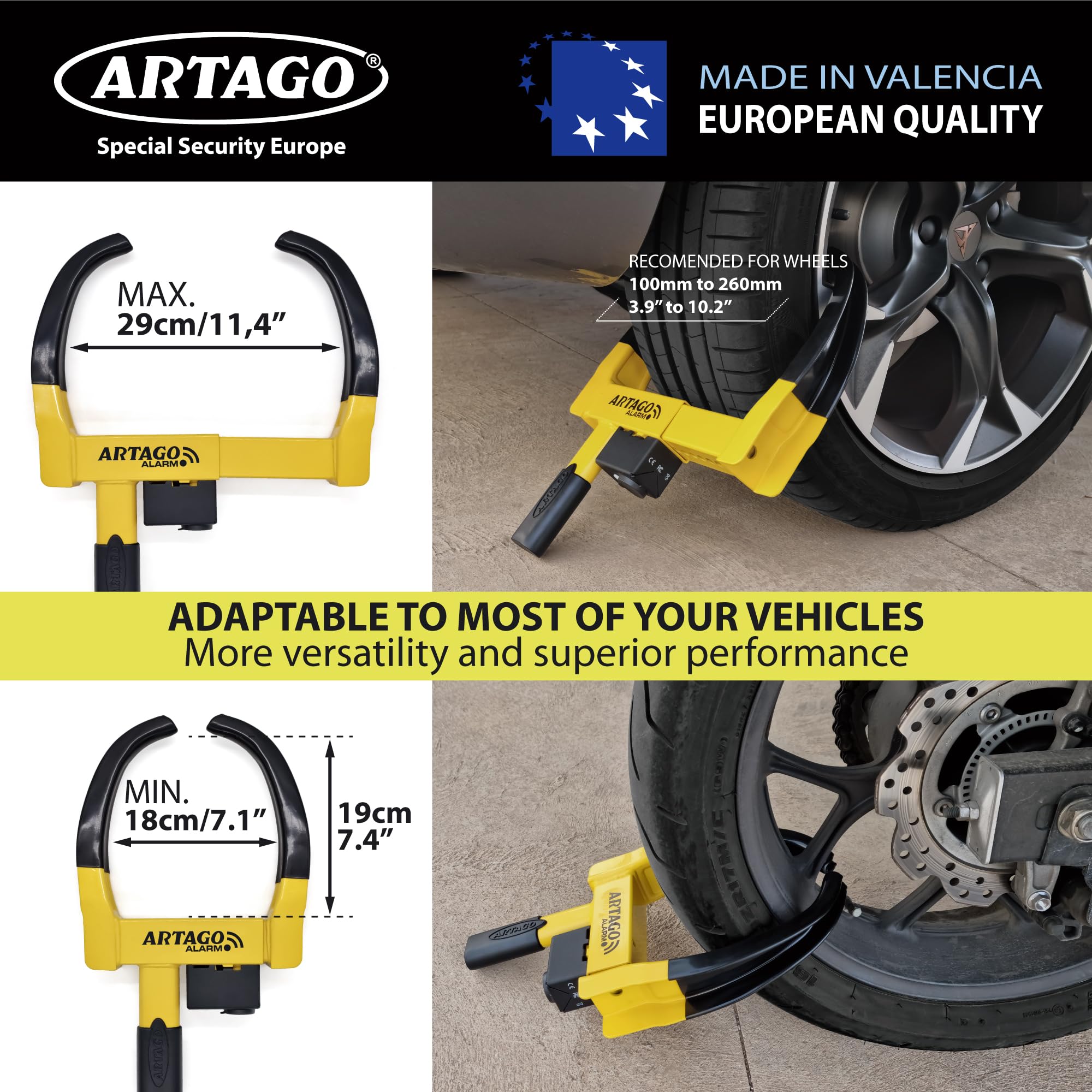 ARTAGO ART872 High-End Alarm Wheel Clamp Lock, Exclusive Patented Anti Theft Device, Don't Touch System, 120dB, Long Lasting Battery, Universal Auto Car Boot for Tires Trailer, Van, Golf Cart, Camper