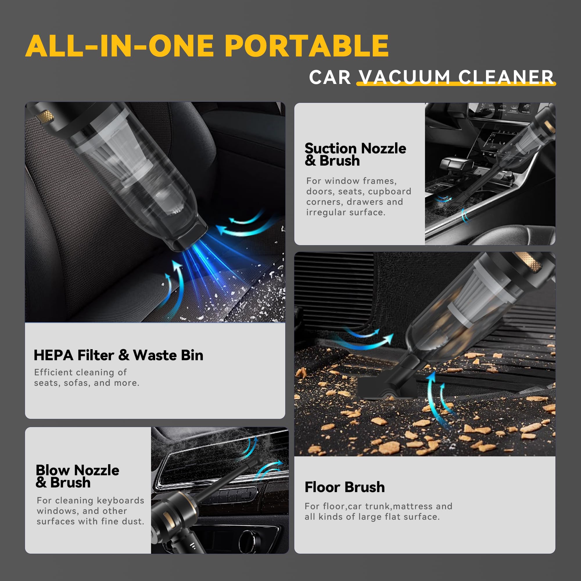 Aspirateur Voiture Puissant sans Fil, 16000 Pa 4 in 1 Mini Aspirateur Voiture sans Fil, De Portable Aspirateur Rechargeable par USB pour Poils d'animaux, Accessoire Voiture, Maison,PC Bureau