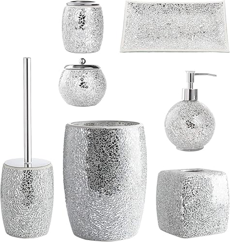 Miniatura 2 de WHOLE HOUSEWARES Juego de escobillas de inodoro moderno (plateado) - Accesorio de baño de mosaico de vidrio con cerdas resistentes y soporte