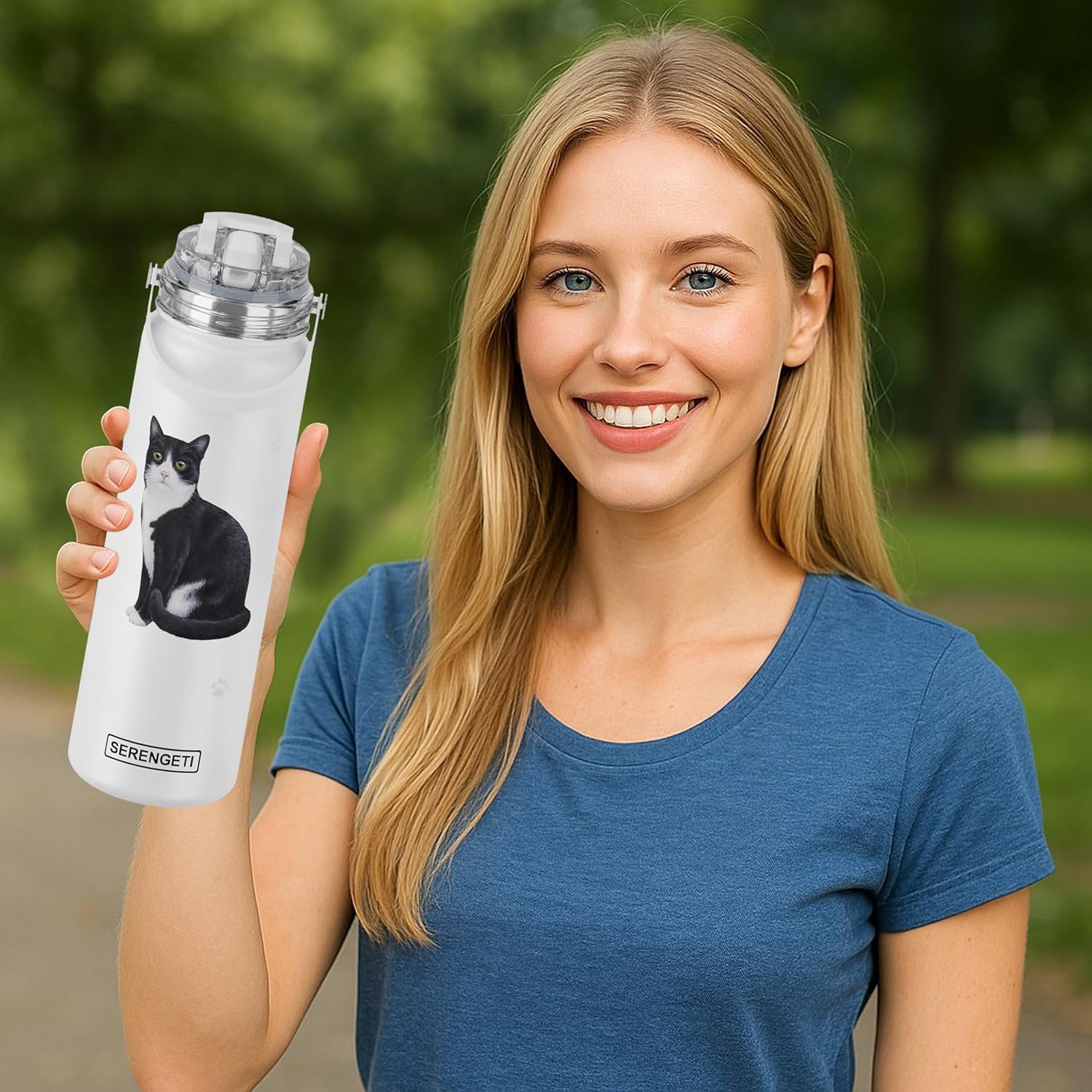 Black & white Cat Stainless Steel Water Bottle 24 Oz. with Spill Proof detachable straw - Double walled Vacuum Insulated water flask - Realistic 3D Print - SERENGETI waterbottle (Black and white Cat)