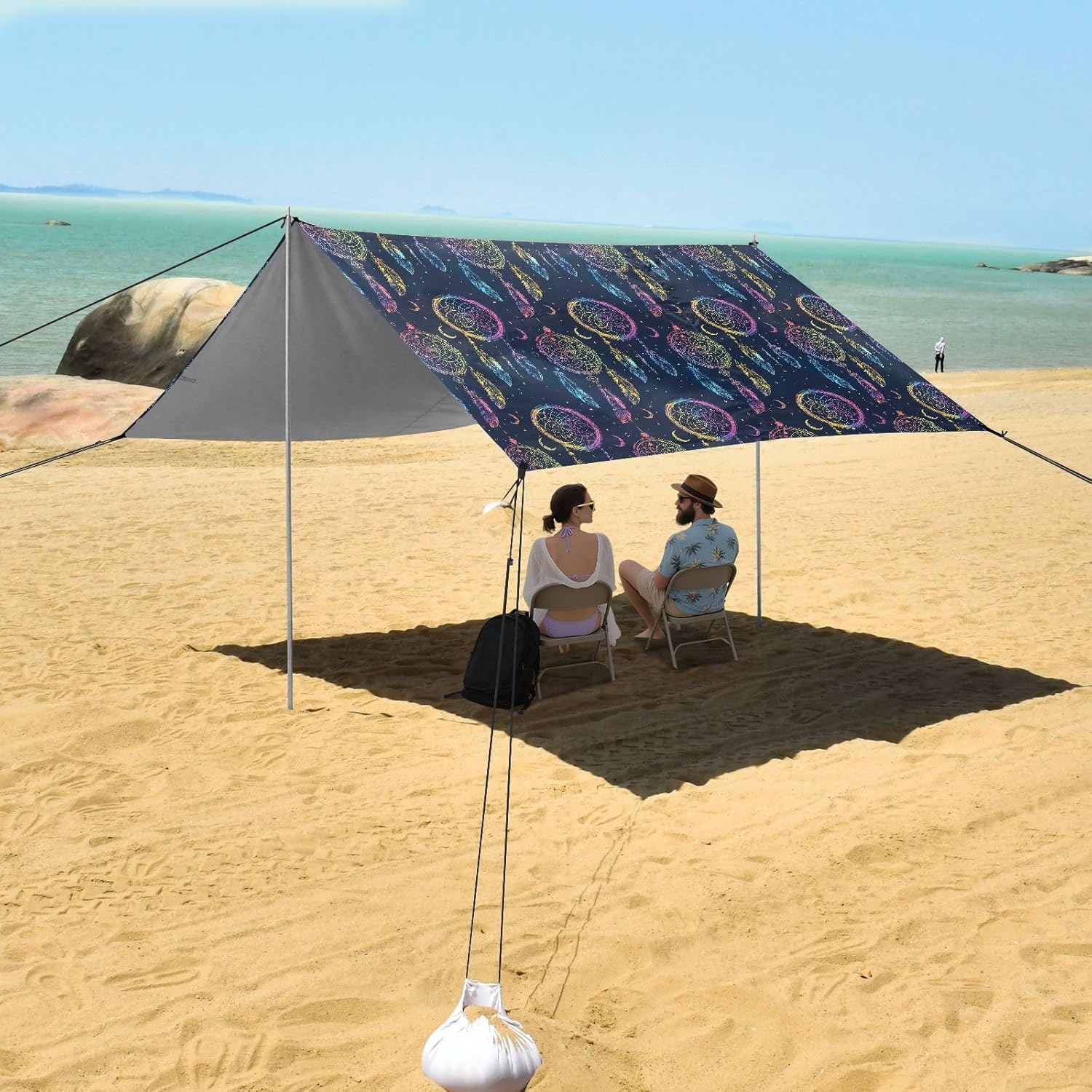ALAZA Gradient Dreamcatcher Moon Beach Tent Sun Shelter UPF50+ Protection Beach Shade Canopy w/ 4 Sandbags for Outdoor Camping, Fishing, Backyard Fun, Picnic, 10x9 ft