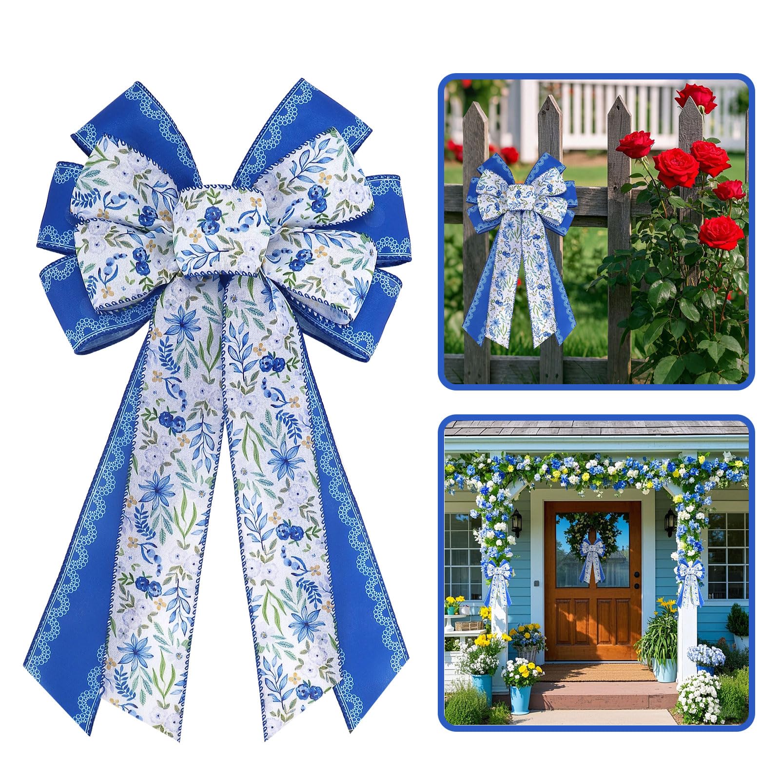 Estivaux Large Spring Bows for Wreath, Spring Flowers Wreath Bows Blue Burlap Birthday Craft Bows for Front Door Wedding Decorations Supplies
