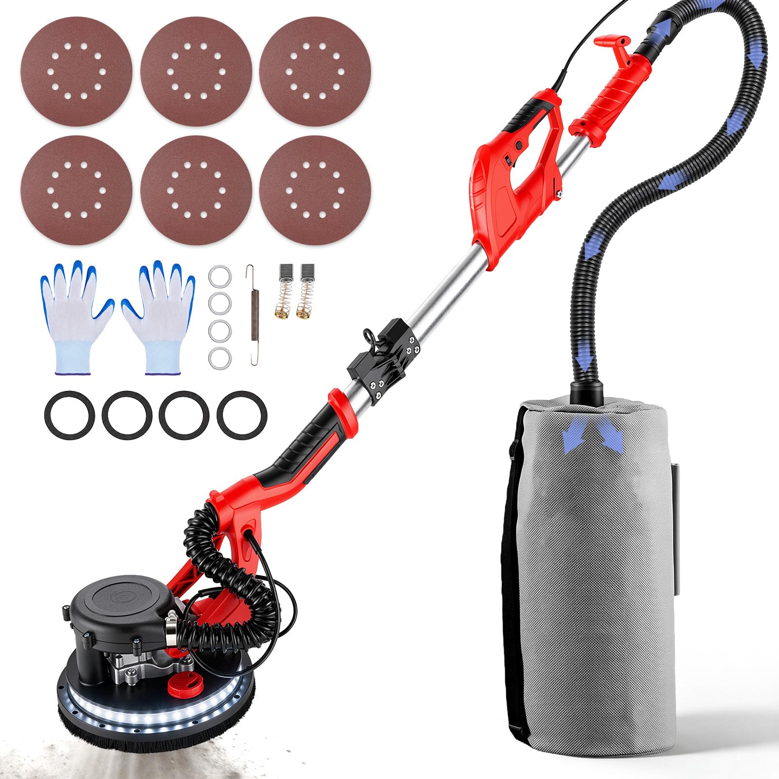 VEVOR Drywall Sander 850W, Electric Drywall Sander Variable Speed 800-1750 RPM, Foldable Sheetrock Sander with Telescope Handle, Electric Sander with LED Strip Light and Vacuum Bag, Wall Sander