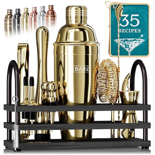 BARE BARREL® Mixology Bartender Kit Bar Set | 14-Piece Cocktail Shaker Set | Martini Barware Mixing Tools for Home Bartending | 35 Recipe Cards | Gift Set (24oz Cobbler Shaker, Gold/Black)