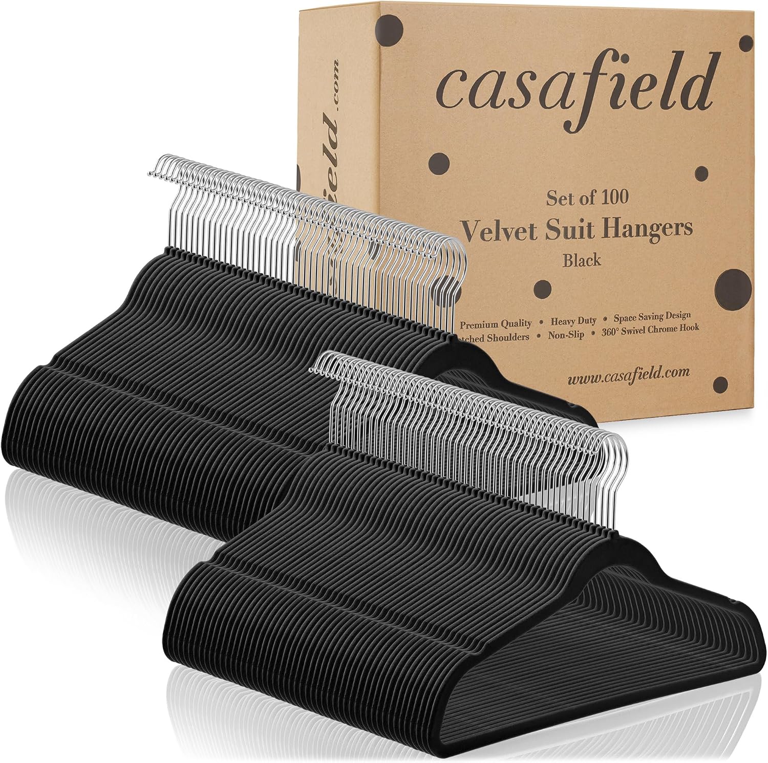 Casafield 100 Black Velvet Suit Hangers - Space Saving, Non-Slip & Swivel Hook for Dress Clothes, Coats, Pants, Shirts, Skirts