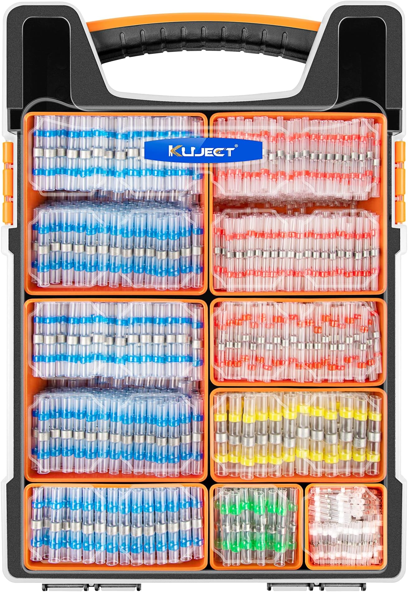 Kuject 1000PCS Solder Seal Wire Connectors AWG 26-10, Marine Waterproof Heat Shrink Wire Connectors in Portable Storage Box with Handle and Removable Organizers(5 Colors/5 Sizes)
