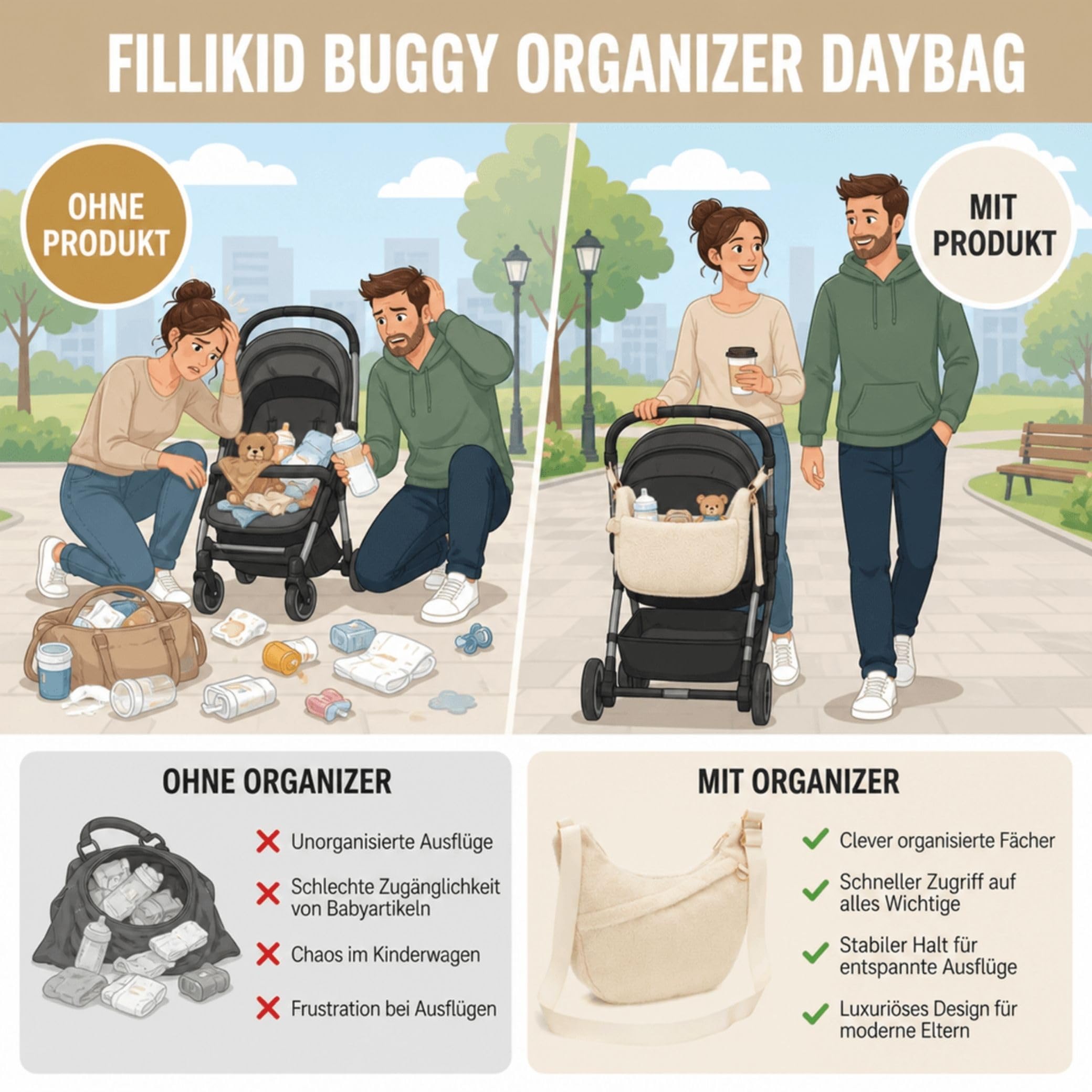 Fillikid Buggy Organizer Daybag | Stilvolle Kinderwagen-Tasche aus Teddyplüsch | Weich & luxuriös | Mit praktischer Fächeraufteilung | Ideal für Windeln, Snacks & mehr | Einfache Befestigung