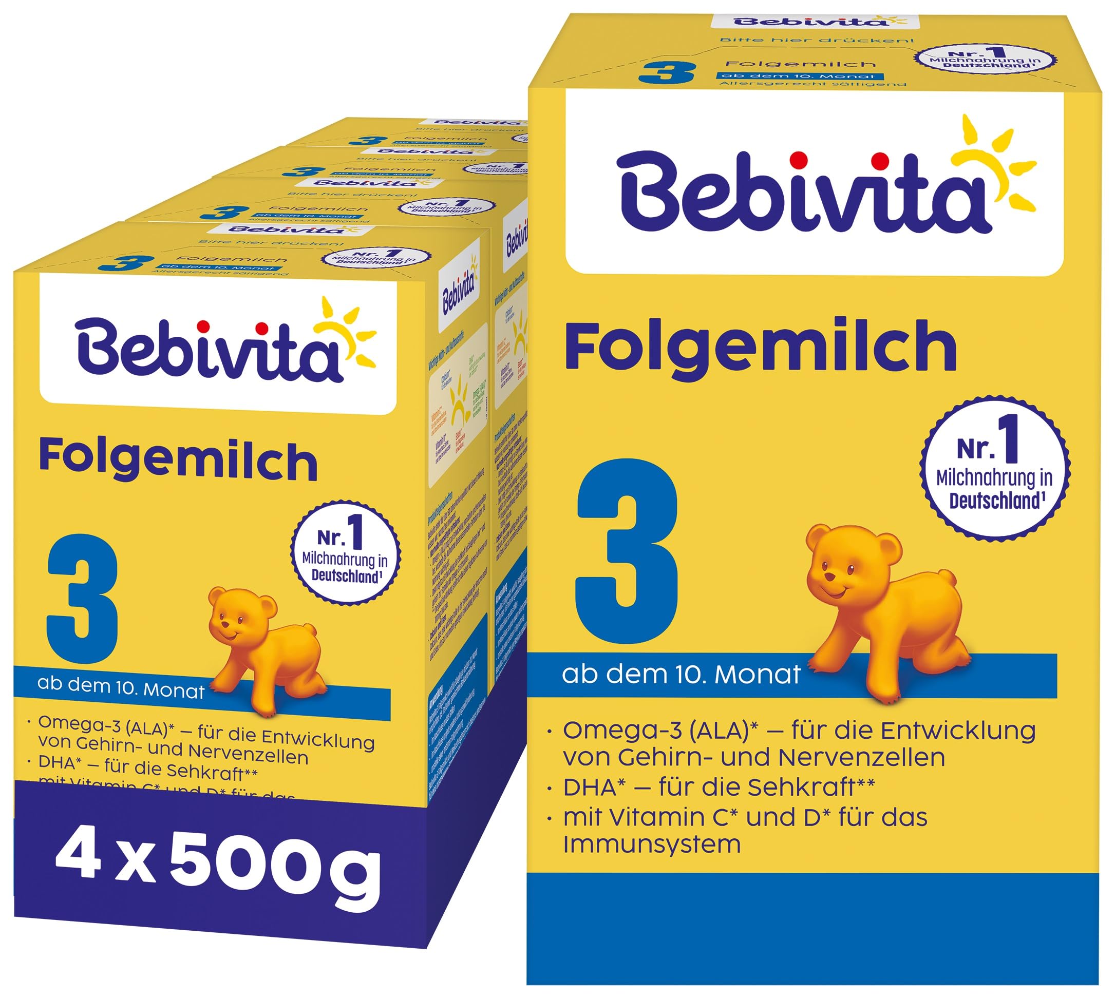 Bebivita 3 Folgemilch (4 x 500g), ab dem 10. Monat, mit Vitamin C und D, Omega-3 (DHA,ALA), altersgerecht sättigend