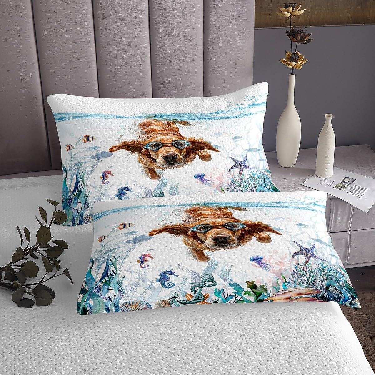 Feelyou Cute Dog Coverlet Set Boys Girls King Size Kawaii Animals Bedspread for Kids Women Men Ocean Quilted Coverlet Puppy Dog Quilted Room Decor Quilt Set