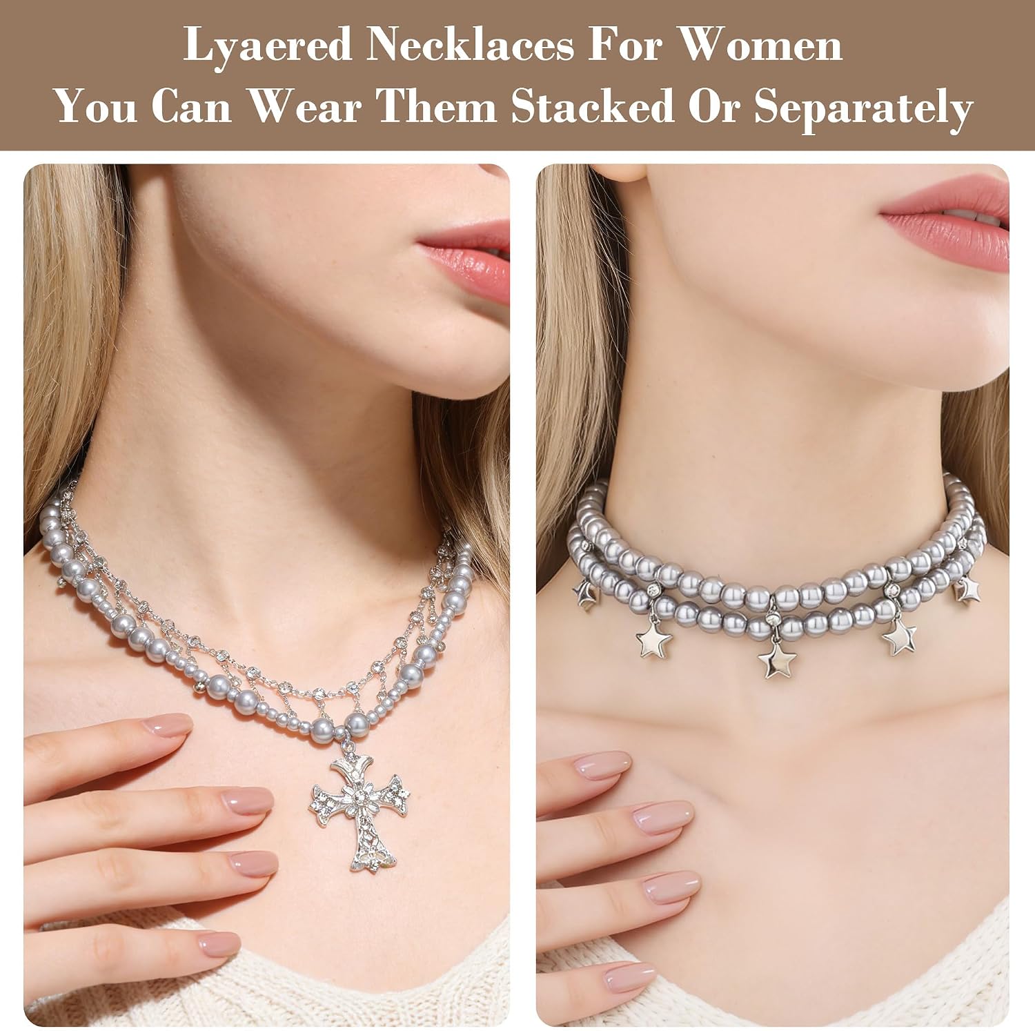 Gothic Pearl Necklaces, Chunky Silver Necklace Layered with Cross Pendant for Women Goth Y2k Accessories