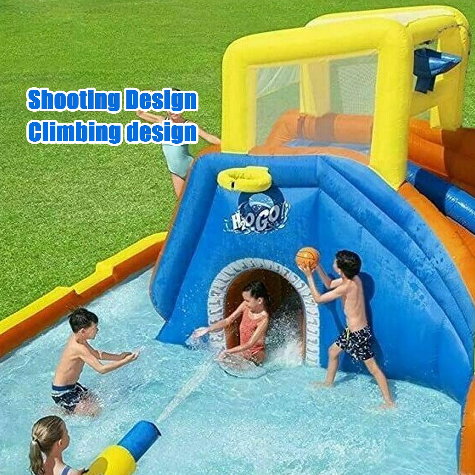 Tobogán de agua grande con toboganes de agua para patio trasero, con piscina, juguetes al aire última intervensión y escalada en roca, incluye secador de pelo, estacas y bolsas de almacenamiento