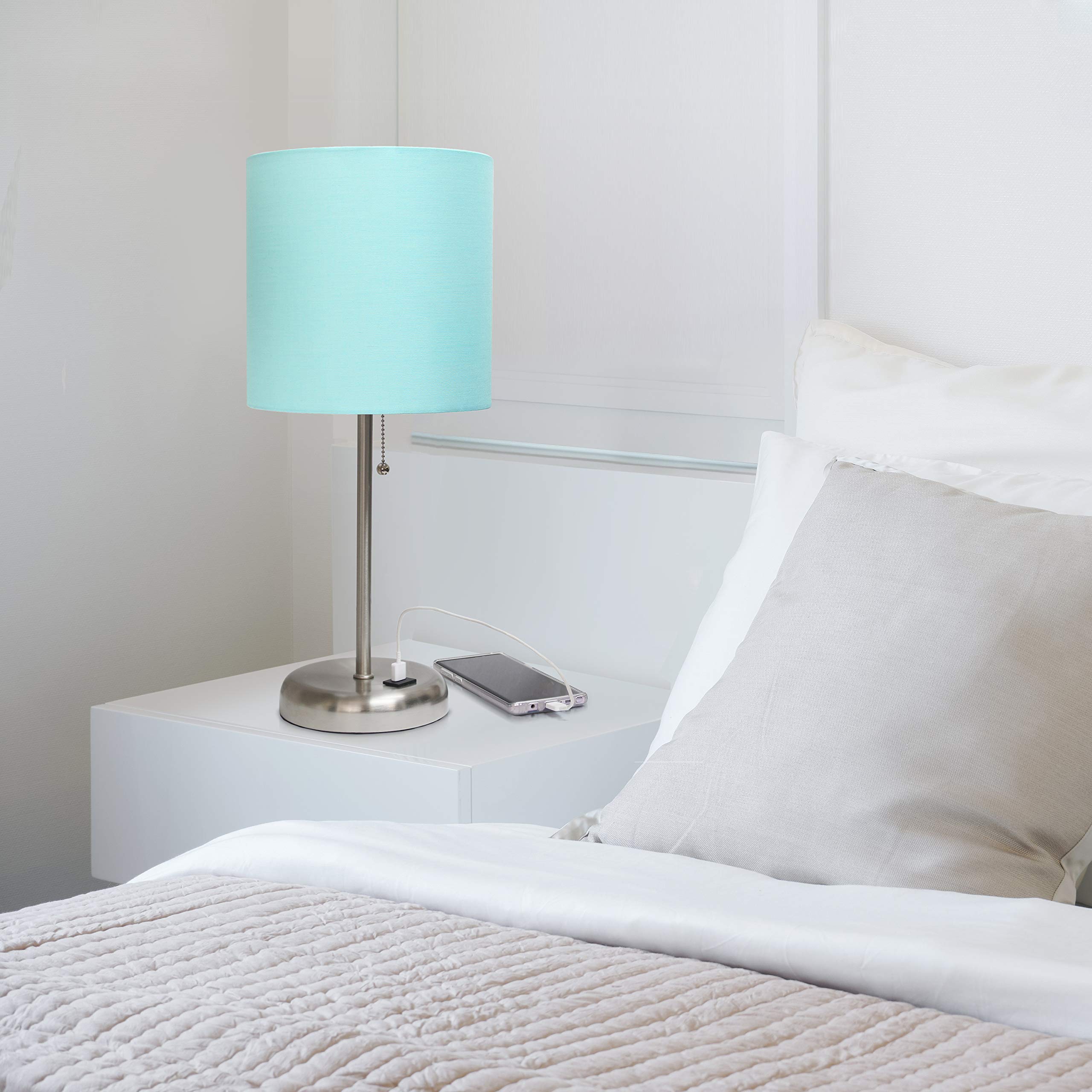 Limelights LT2044-AQU Stick USB Charging Port and Fabric Shade Table Lamp, Brushed Steel/Aqua