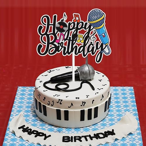 Miniatura 6 de Micrófono para tarta de cumpleaños, nota musical, karaoke, decoración de pastel de cumpleaños, decoración negra con purpurina musical, suministros
