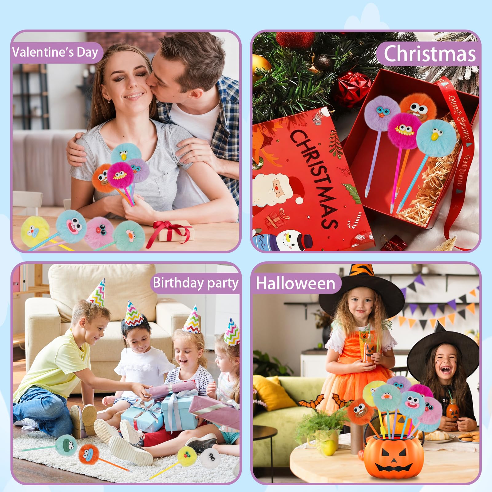 OMyFav 30 bolígrafos esponjosos con pompones lindos y divertidos bolígrafos kawaii para niños, animales de peluche coloridos para premios de aula, suministros de oficina