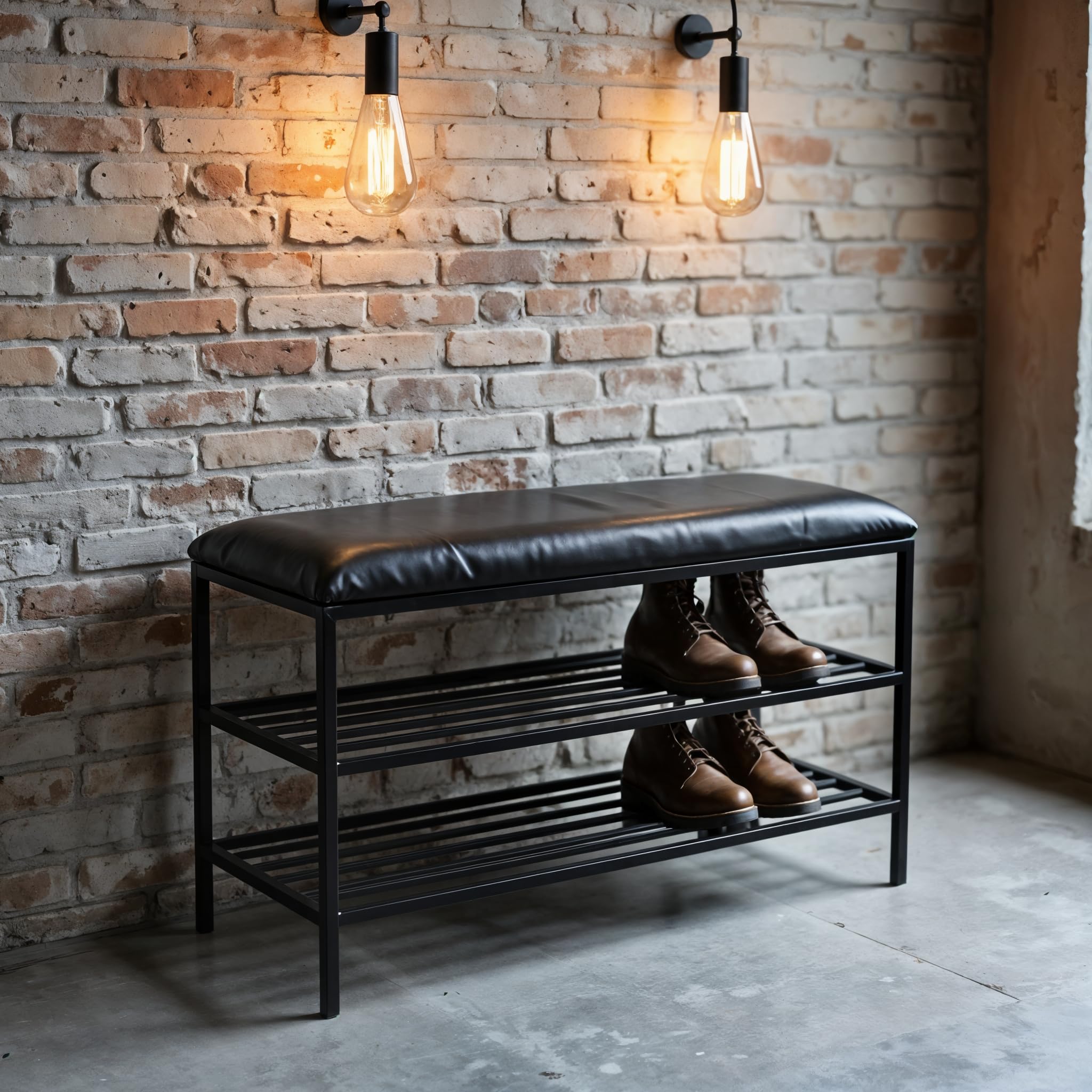 Ławka na Buty z Siedziskiem - Stojak na Buty - 75x30x55cm - z Metalu, 2 półki, bez Montażu - Ławka do Przedpokoju POSTO Czarny z Czarnym Siedziskiem ze Sztucznej Skóry, 15mm Metalowa Rama