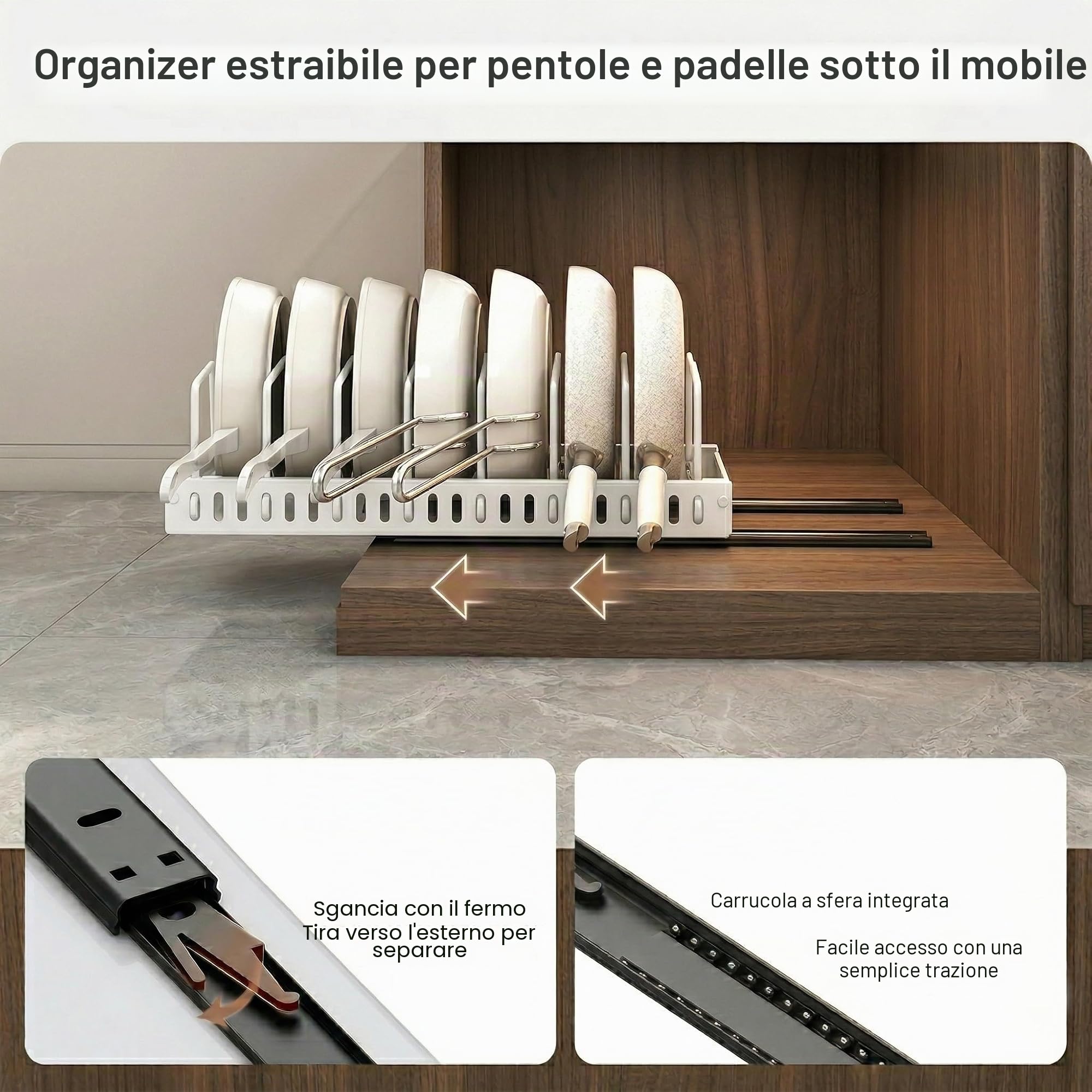 1 pezzi Porta Coperchi Pentole Scorrevole, porta coperchi pentole salvaspazio, Organizer Padelle con 8 Scomparti Regolabili per Padelle, Coperchi Organizer Cucina, Bianco