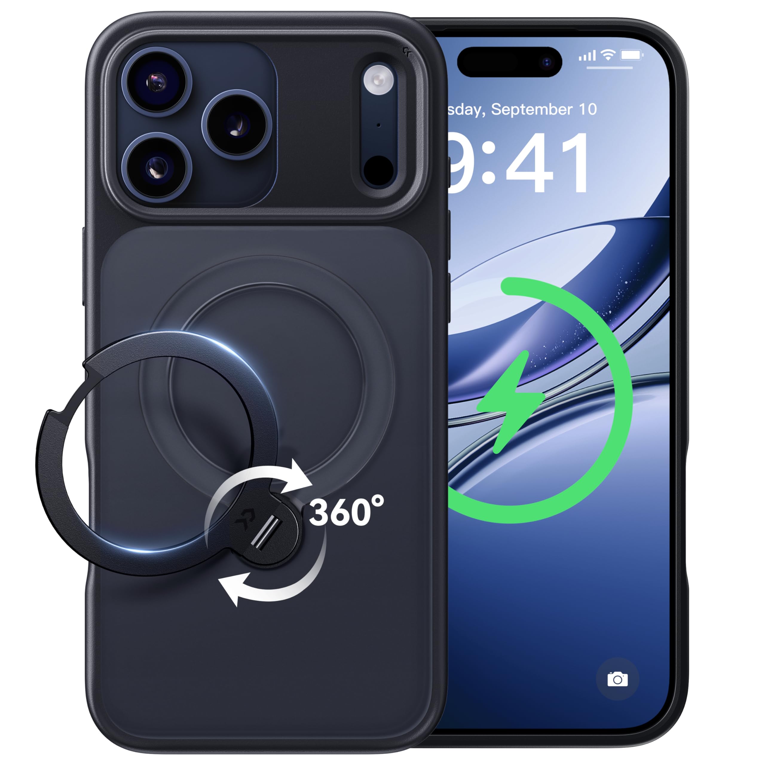 【2025最高傑作&定点360度回転】CASEKOO iPhone 17 Pro Max 用 ケース MagSafe対応 米軍MIL規格 360°全方向耐衝撃 【横縦両立・角度自由調整】最大25W急速充電対応 指紋防止/マット仕上げ/黄変防止/半透明 ラップホール付き ワイヤレス充電対応 いphone17promax 用ケース 6.9インチ「MagicStand Pro」(ブラック)