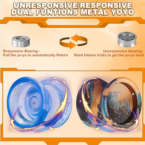 Miniatura 5 de WATIEOBOO Juego de 2 piezas YoYo (P02 yoyo + Yoyo de camuflaje de metal profesional W21), Yoyo de modo dual (yoyo sensible y yoyo lento), ideal para