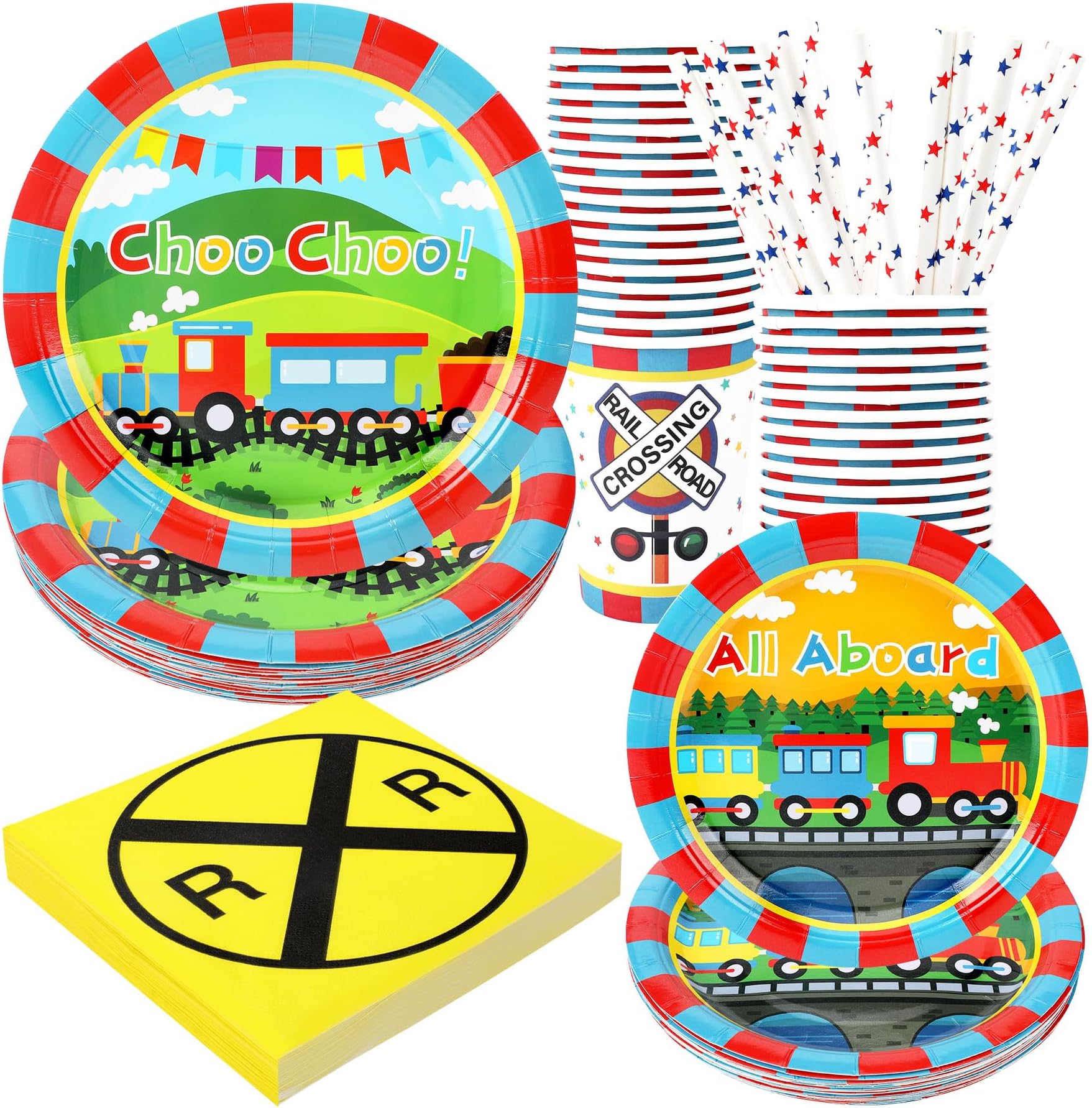 Train Party Supplies Decorations, Kids Birthday Paper Plates and Napkins Set with Cups and Straws for 24 Guests, 120 Pcs Disposable Party Dessert Dinnerwares