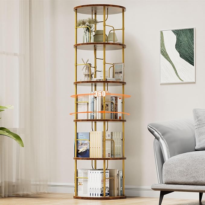 5 Tier Rotating Bookshelf, 360° Corner Bookshelf Tower, Round Revolving Bookcase with Special Visible Partition Storage, Narrow Book Shelf Organizer for Living Room, Small Space, Gold