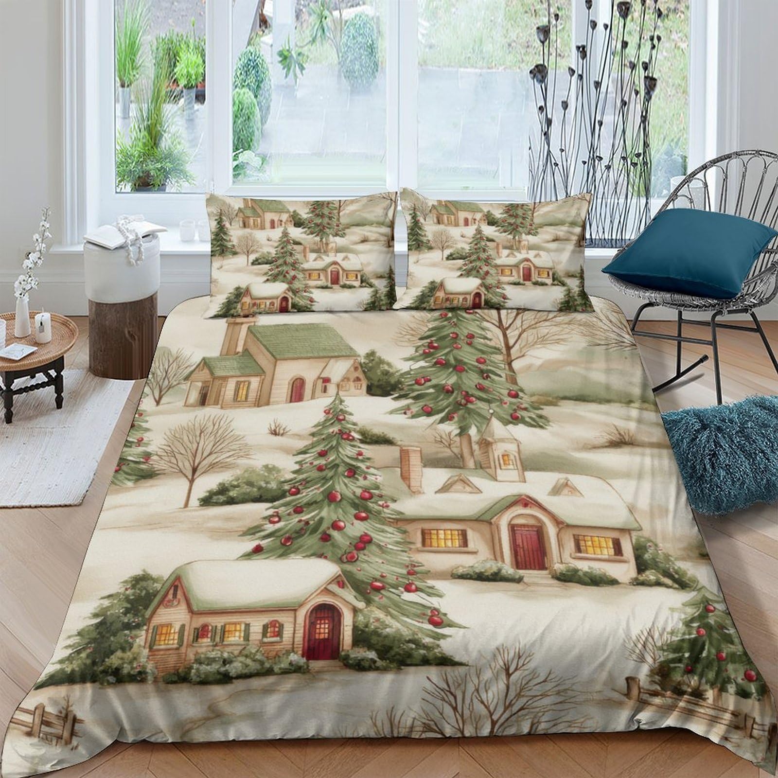 Ctjqhvkz Style-1 3D Printed Snowy Village Fitted Sheet Microfiber Christmas Cabin Bed Cover Anti-Slip Easy Care For Bedroom Guest Room Decor Single（135X200cm）