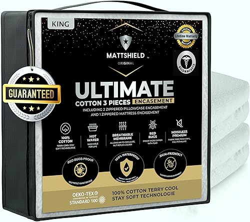 Nuevo Kit Definitivo de 3 Piezas - Funda de Colchón a Prueba de Chinches Tamaño King 100% Algodón Superior + 2 Fundas de Almohada Queen con