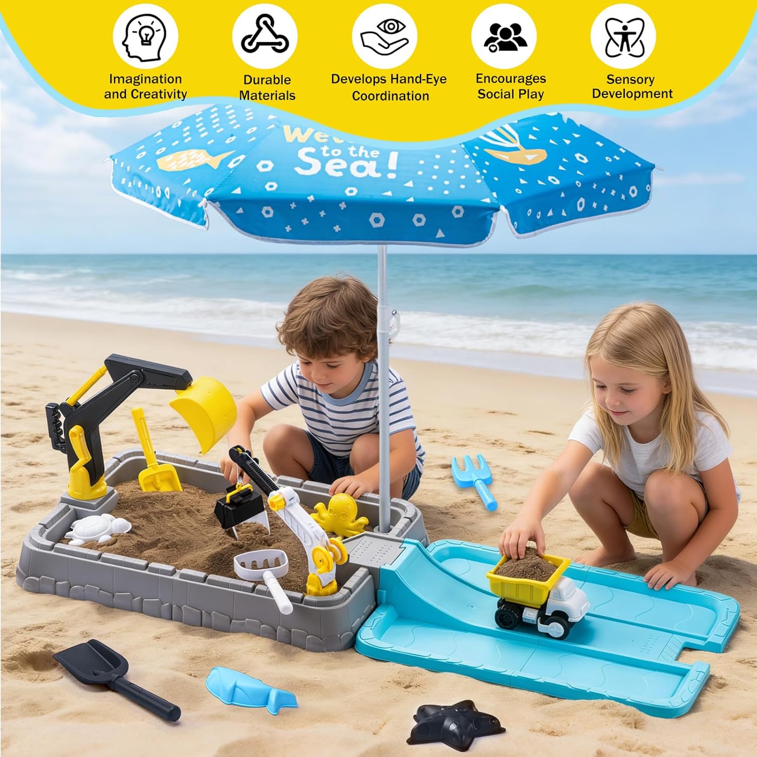 Kids Excavator Sandbox with Umbrella & Cover, Construction Sandbox Set with Beach Toys & Dump Truck, Outdoor Educational Play Set for Toddlers Ages 3-12