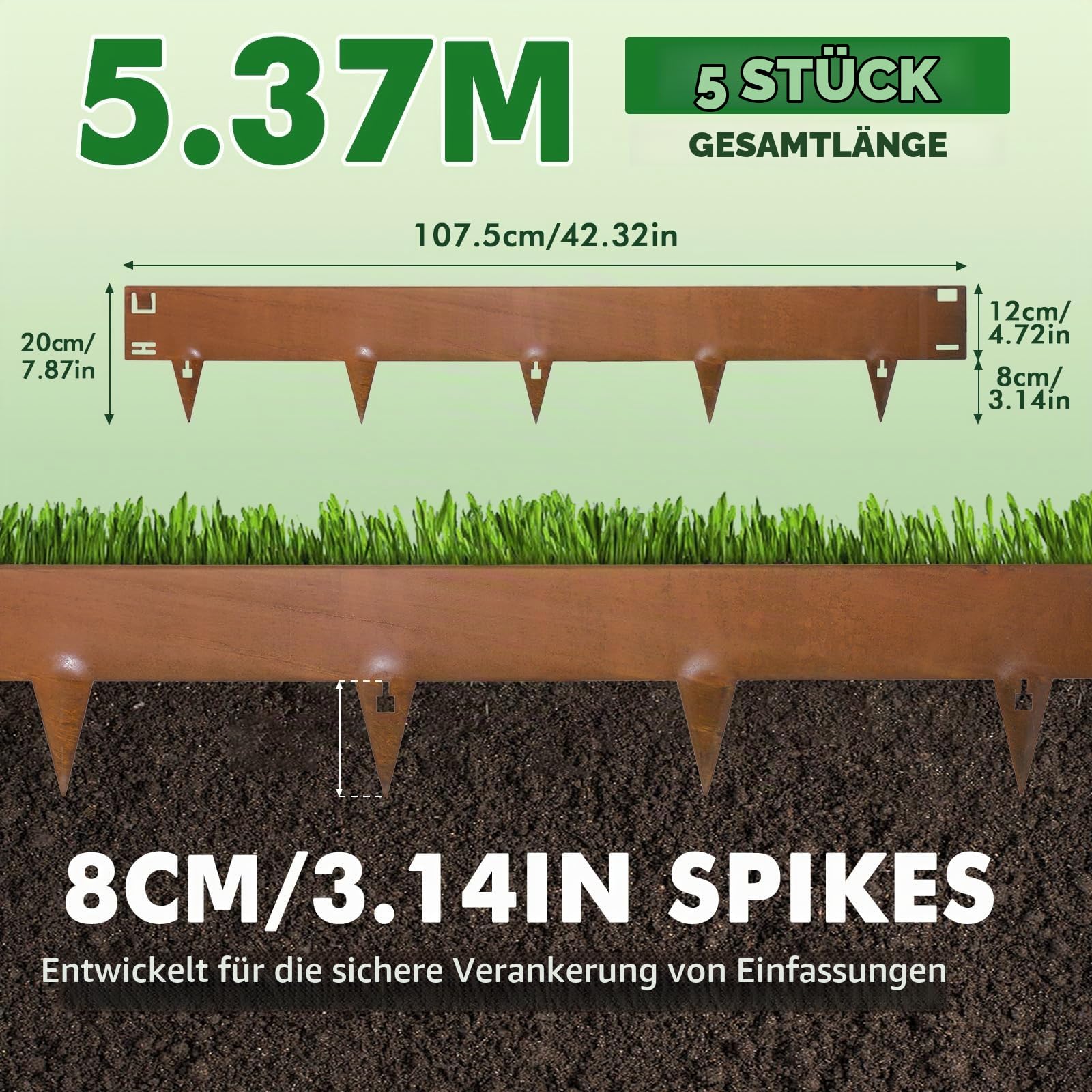 107.5cm x 5 Rasenkante Metall Cortenstahl Flexibel Beeteinfassung aus Stahl | Beetumrandung Beetbegrenzung Lawn Edging Flexible Rasenkanten für Beetumrandungen Gartenumrandung 20cm Höhe