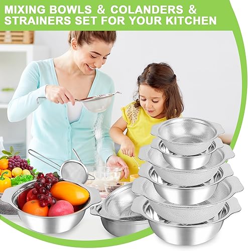 Miniatura 8 de Cuenco colador para lavadora de arroz, juego de 7 coladores de acero inoxidable, colador de arroz de 3 cuartos de galón, 4 cuartos de galón y 5