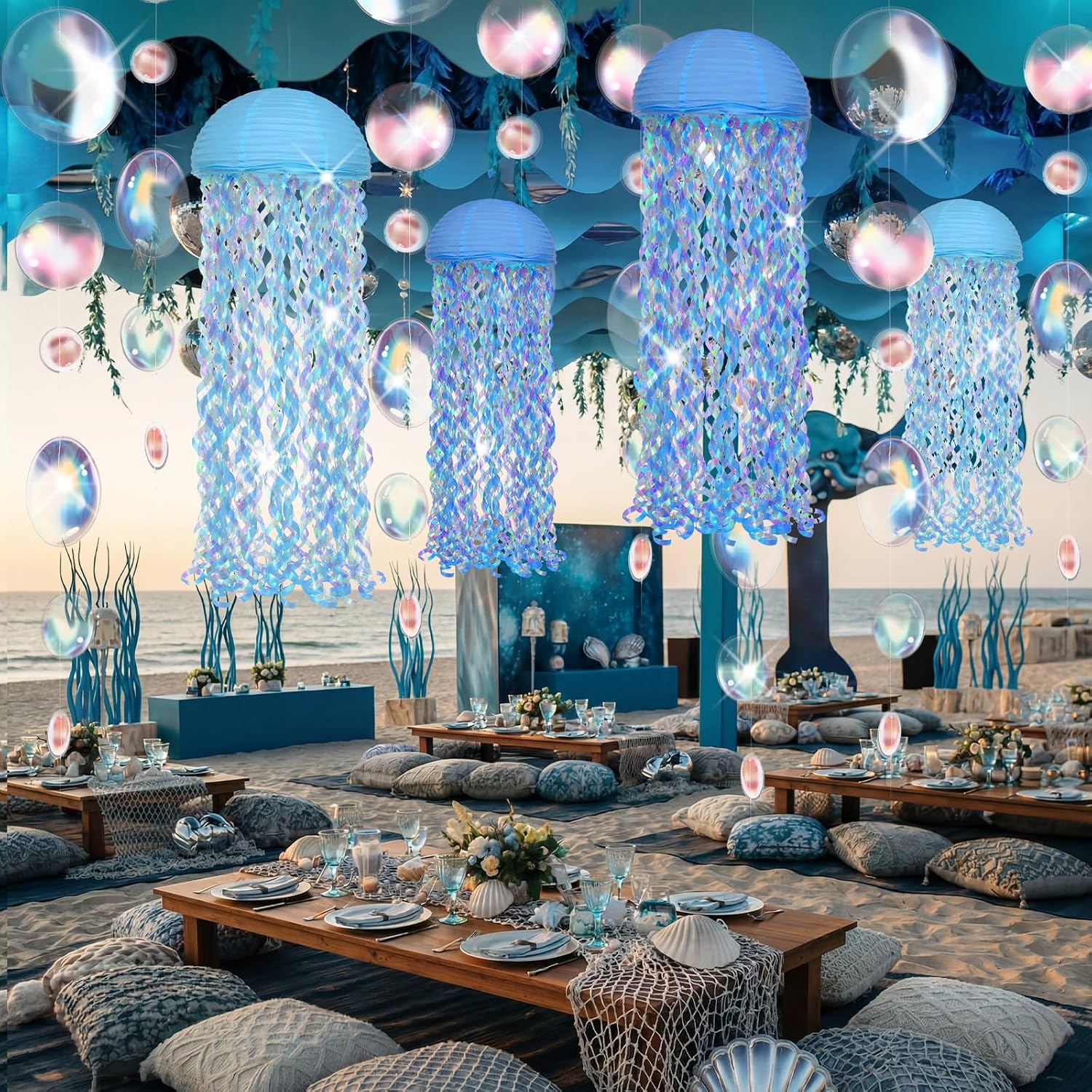 Landhoow 10 Pcs Under The Ocean Birthday Party Decorations Hanging Jellyfish Paper Lanterns Ocean Wave Ceiling Covers Bubble Garlands for Mermaid Sea Summer Beach Party Classroom Baby Shower Daycare