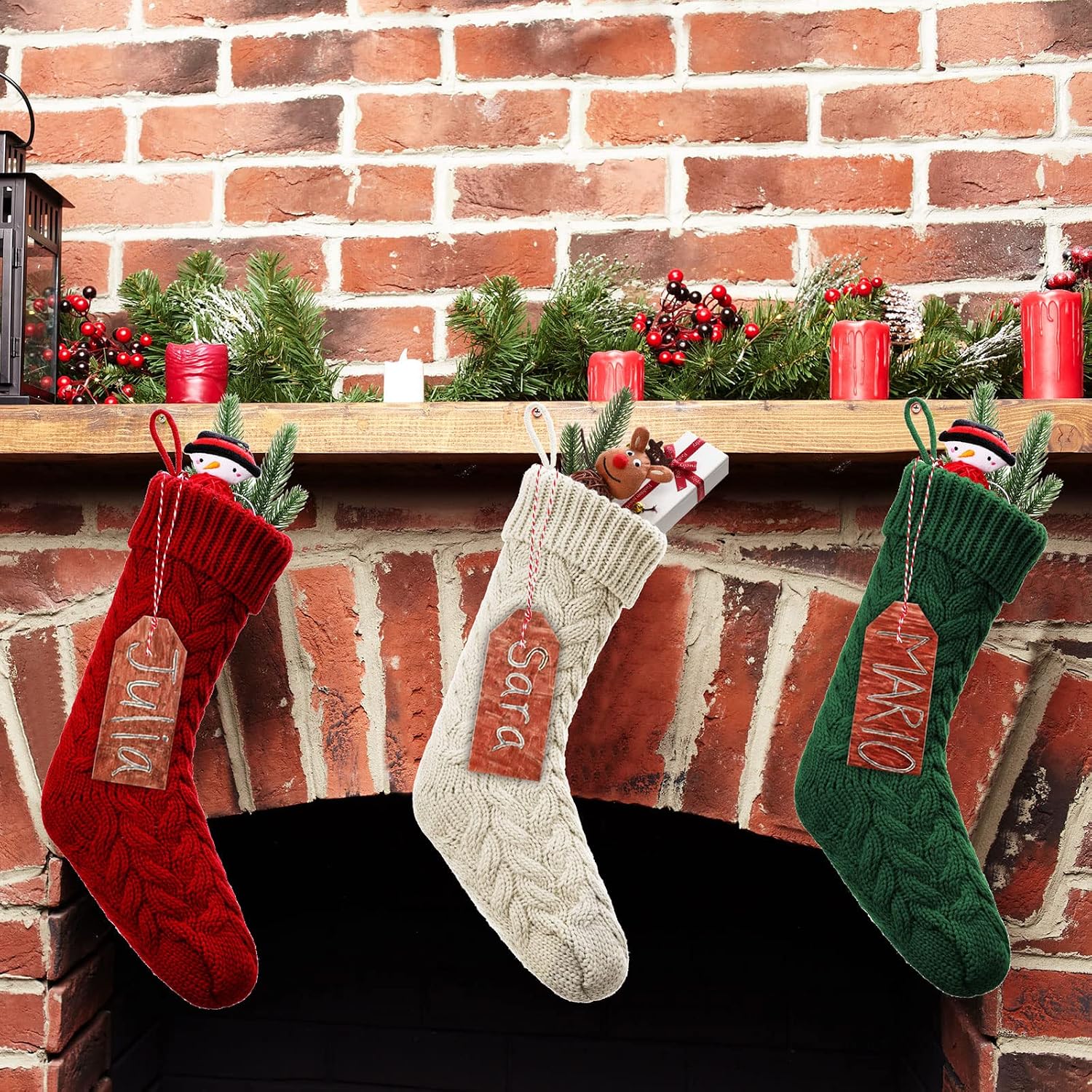 6 Pieces Christmas Stocking Knitted Stocking White Red Green Cable Knit Xmas Stocking and 15 Pieces Wooden Tags Small Wood Pieces Blank Unfinished Wood Cutout with Rope for Family Holiday Season Decor