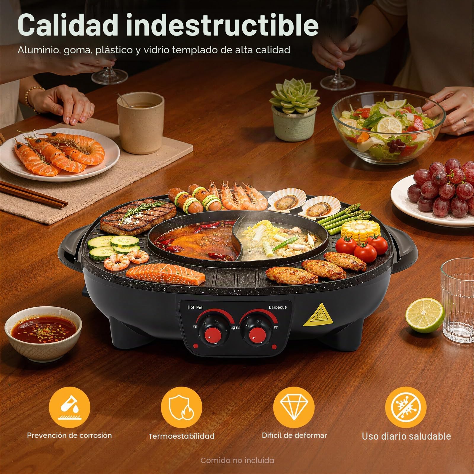 2 en 1 Barbacoa Eléctrica y Olla Caliente, Parrilla Multifuncional sin Humo para Interiores con Temperatura Ajustable, Para BBQ Coreano, Fondue, Shabu-Shabu, Cocina para Fiestas Familiares