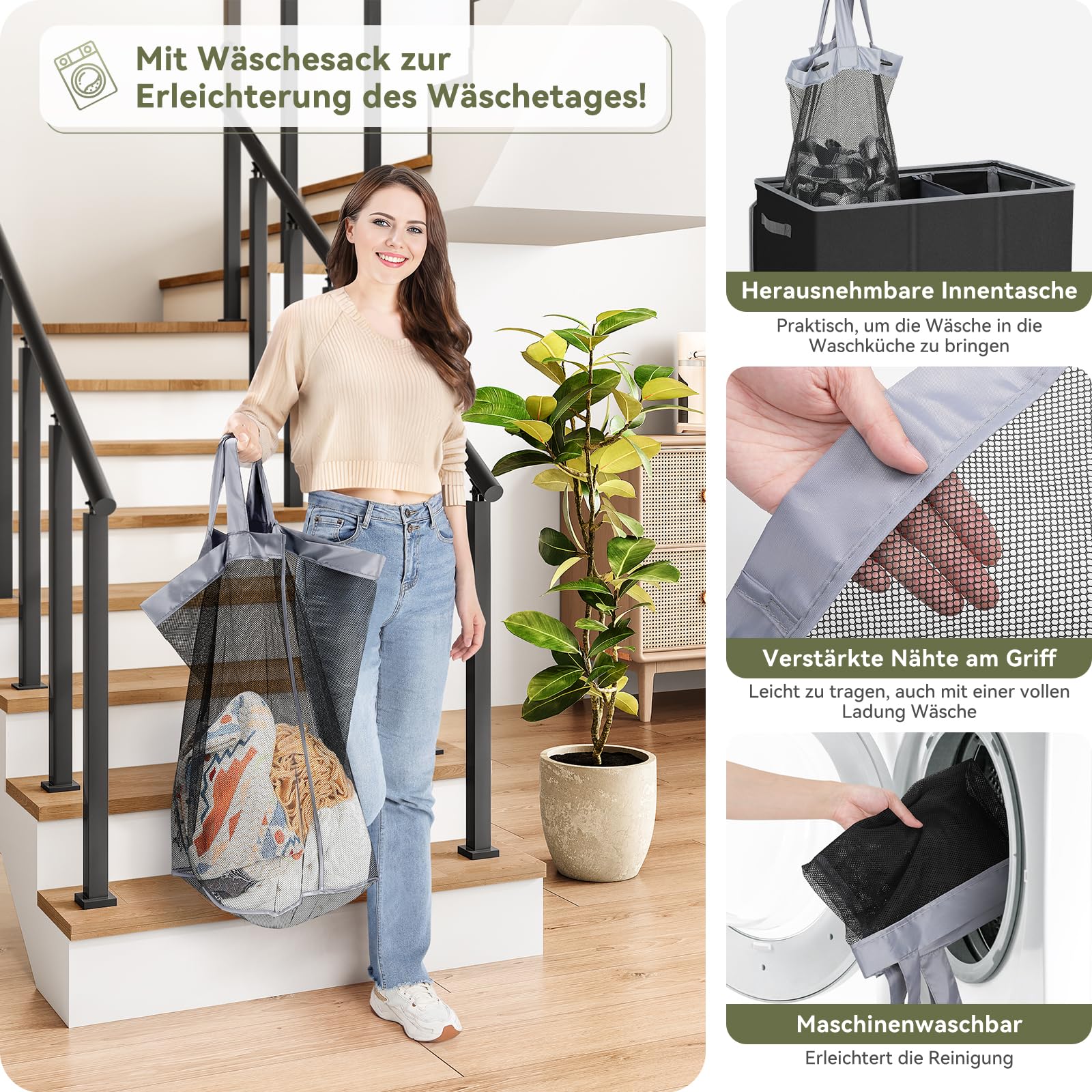 SOLEDI 160L Cesto portabiancheria, contenitore per biancheria 3 scomparti con coperchio e 3 sacchetti per biancheria - Cesto per la biancheria grande XXXL per bagno, camera da letto, lavanderia